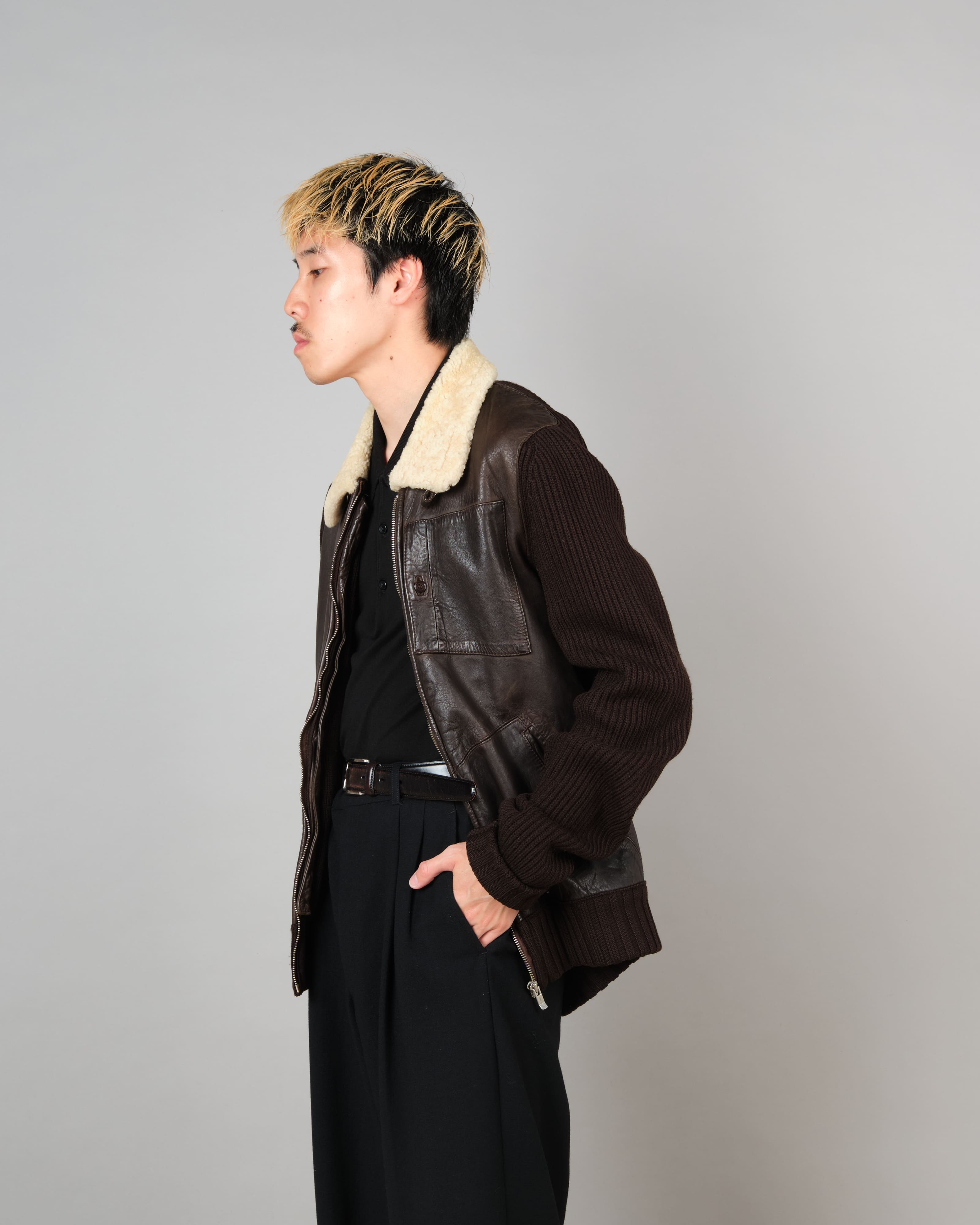 [06AW] Old C.P. Company Switching Leather Wool Zip Up Jacket Size.50