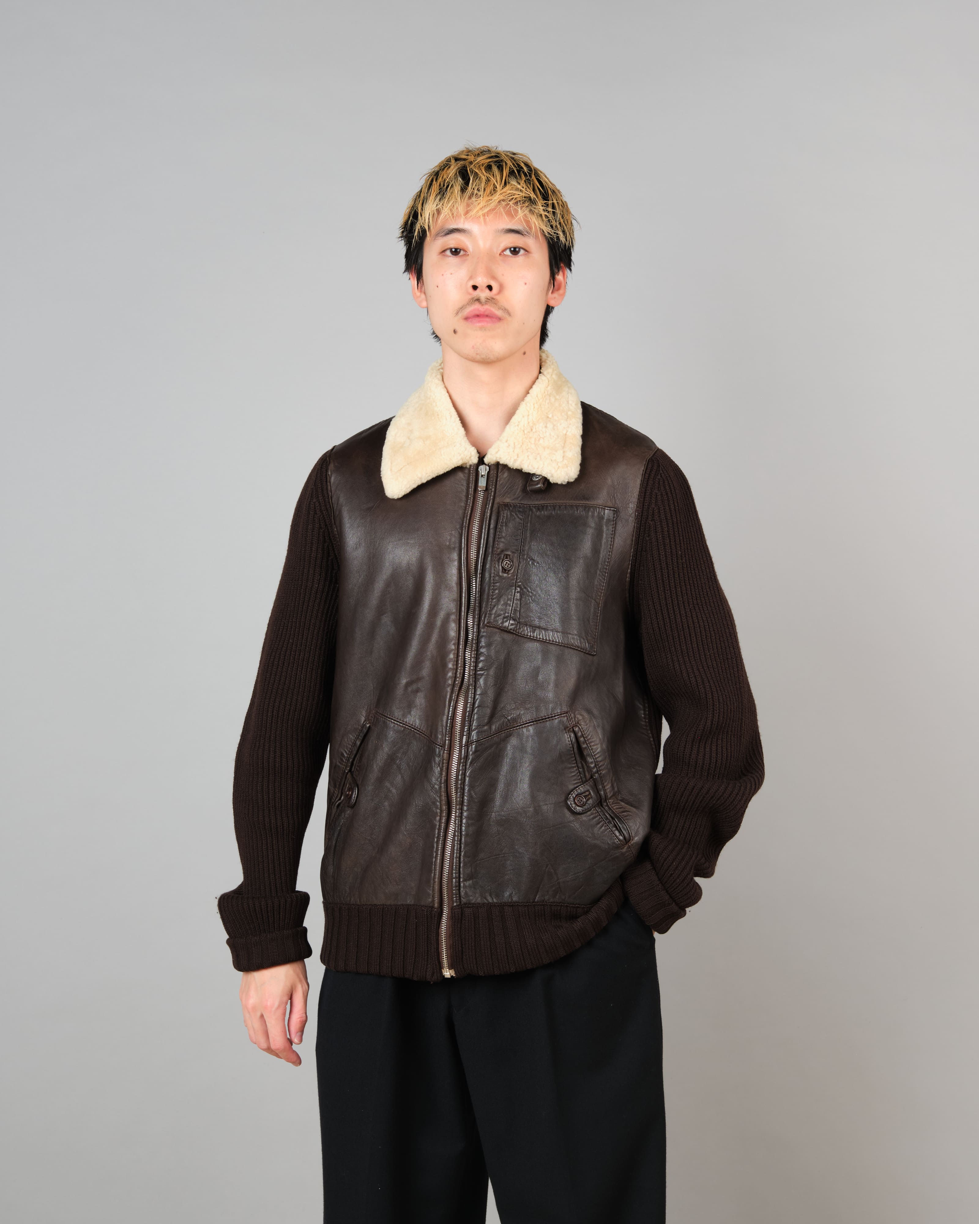 [06AW] Old C.P. Company Switching Leather Wool Zip Up Jacket Size.50