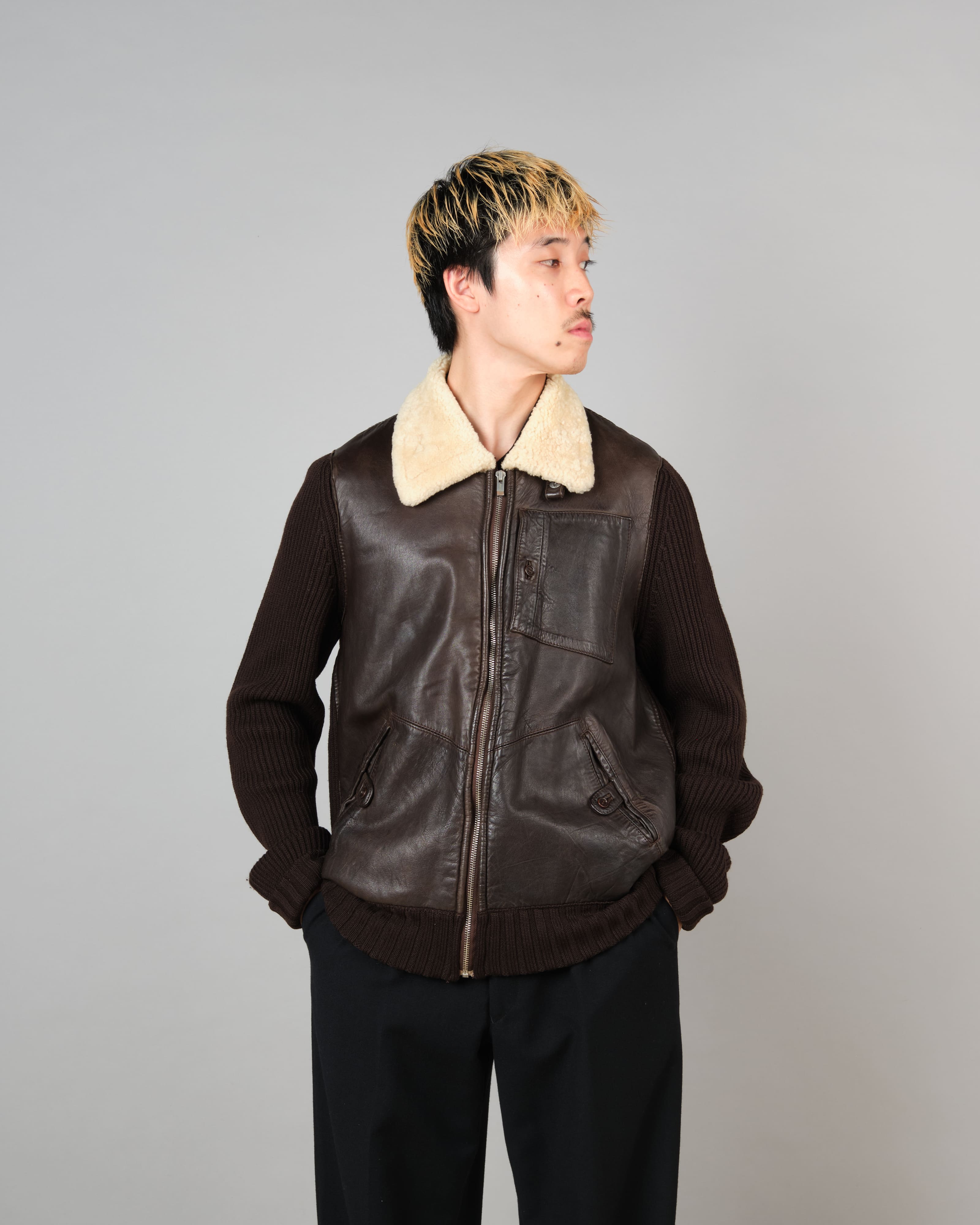 [06AW] Old C.P. Company Switching Leather Wool Zip Up Jacket Size.50