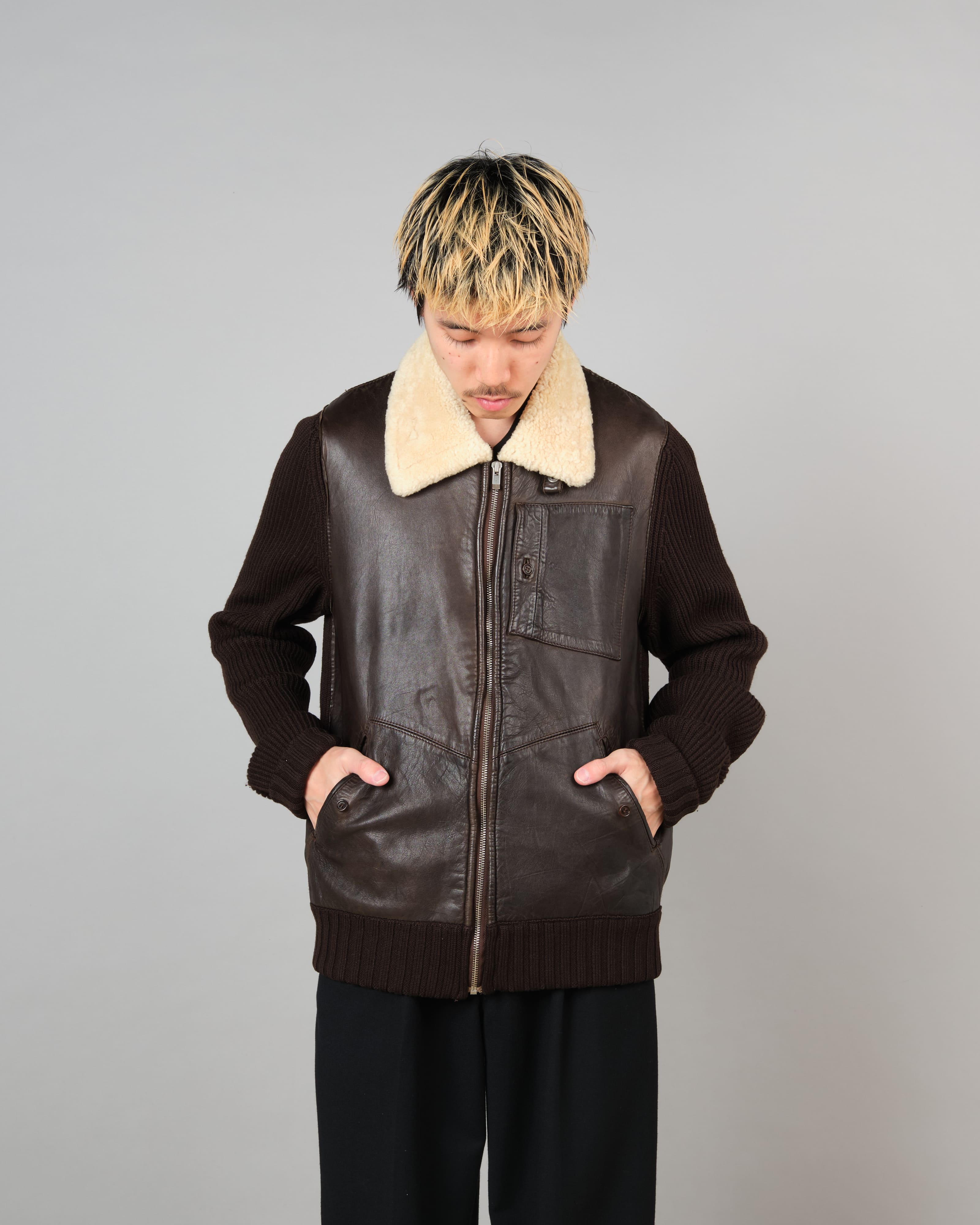 [06AW] Old C.P. Company Switching Leather Wool Zip Up Jacket Size.50