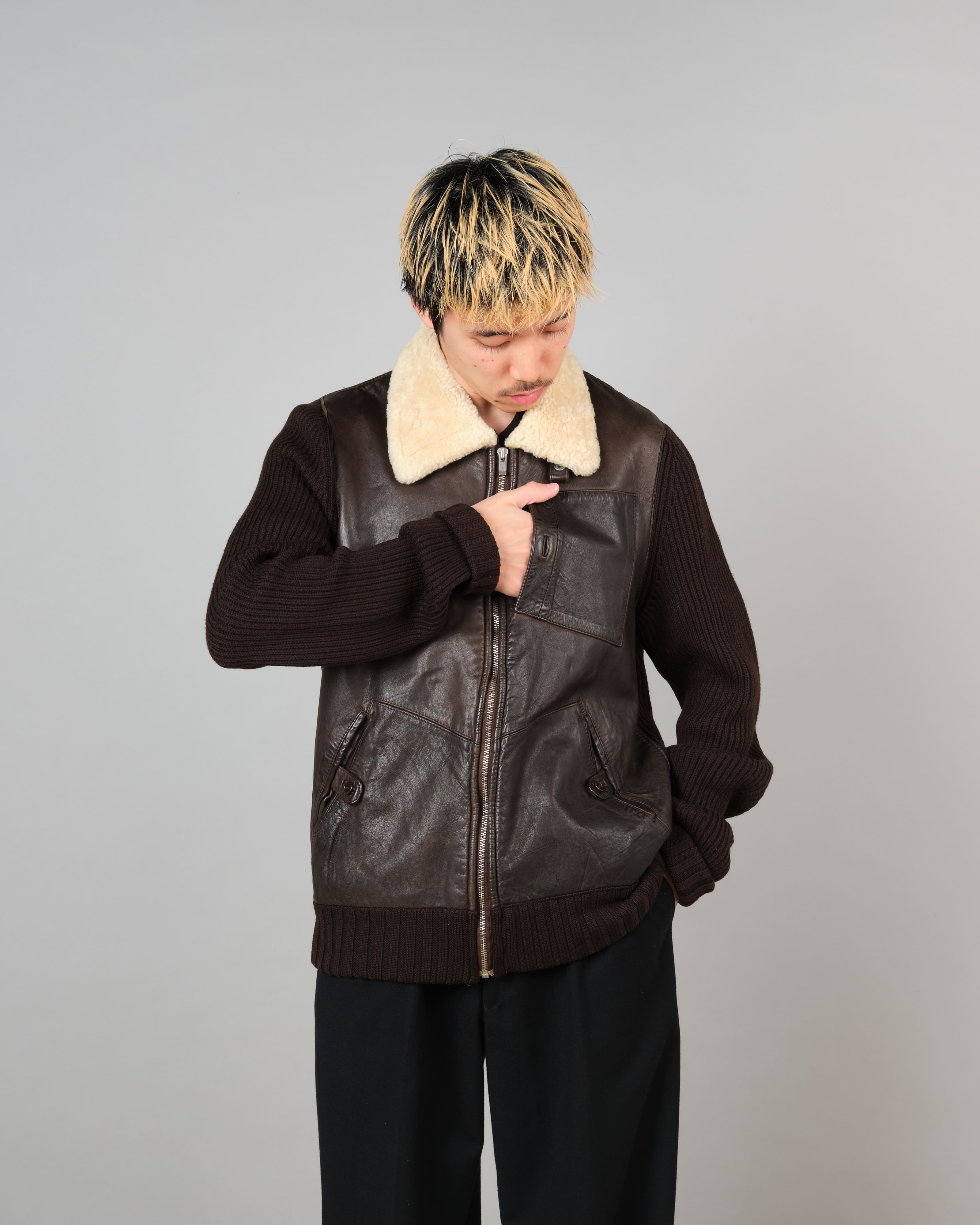 [06AW] Old C.P. Company Switching Leather Wool Zip Up Jacket Size.50