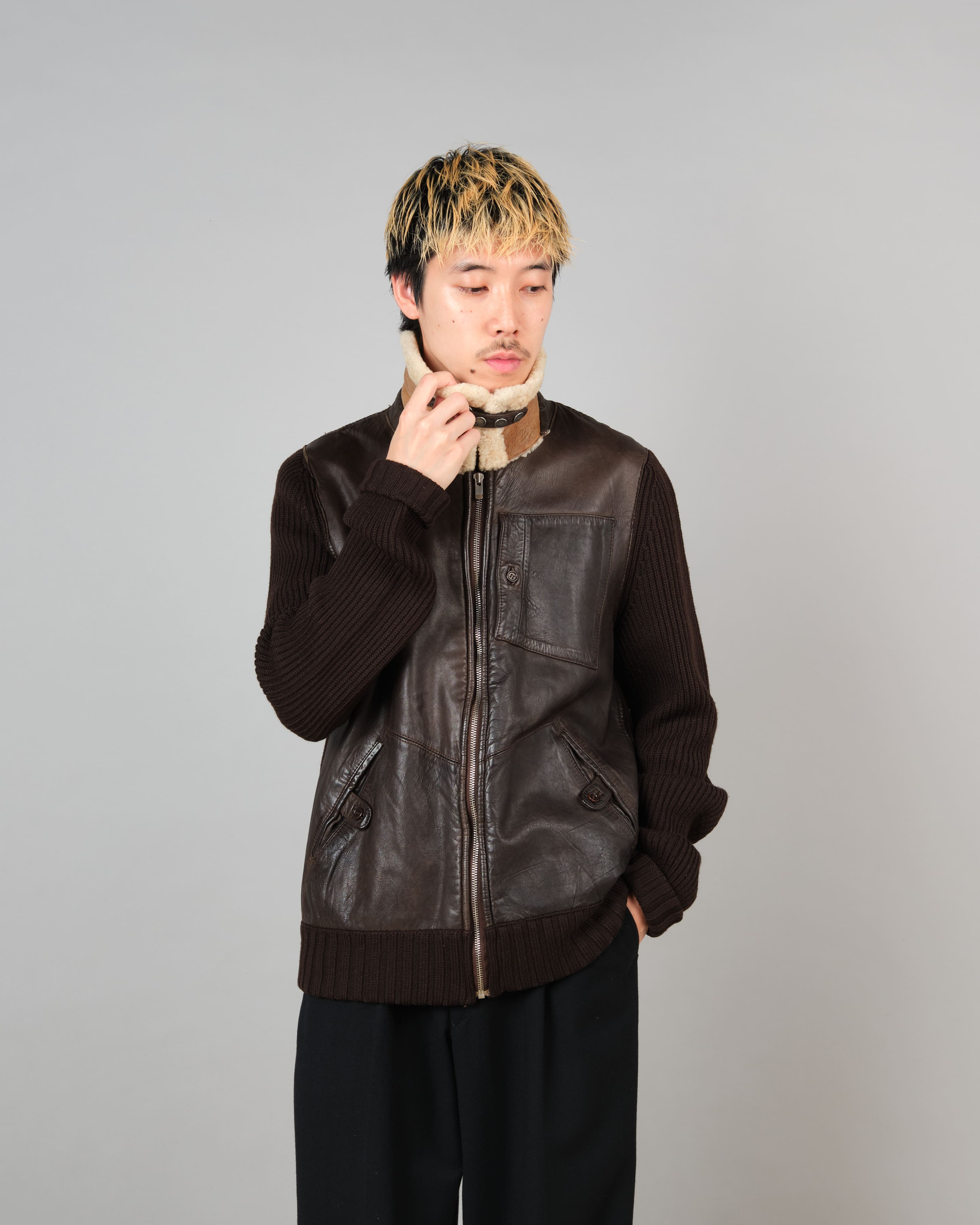 [06AW] Old C.P. Company Switching Leather Wool Zip Up Jacket Size.50