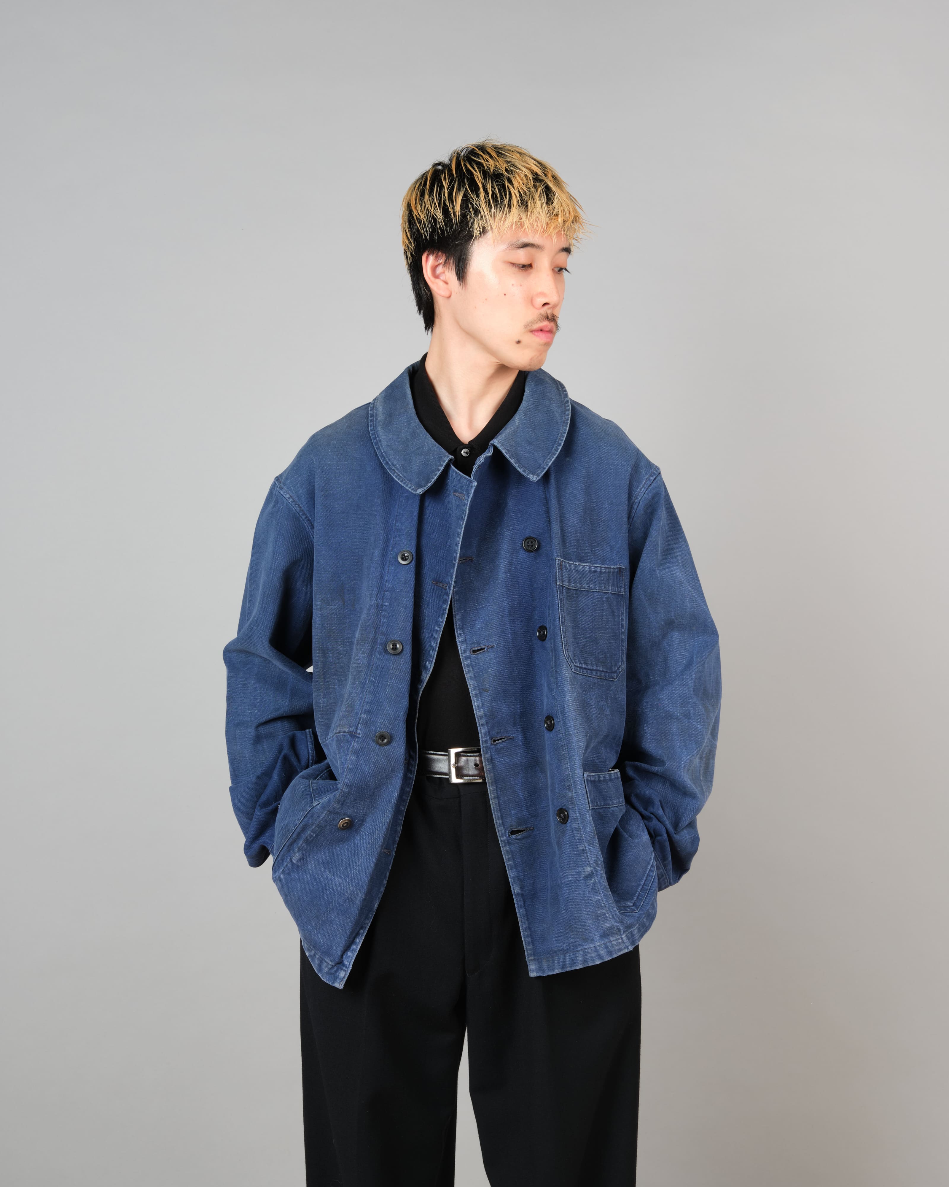 [~50's] French Vintage Blue Cotton Twill Double Breasted Work Jacket