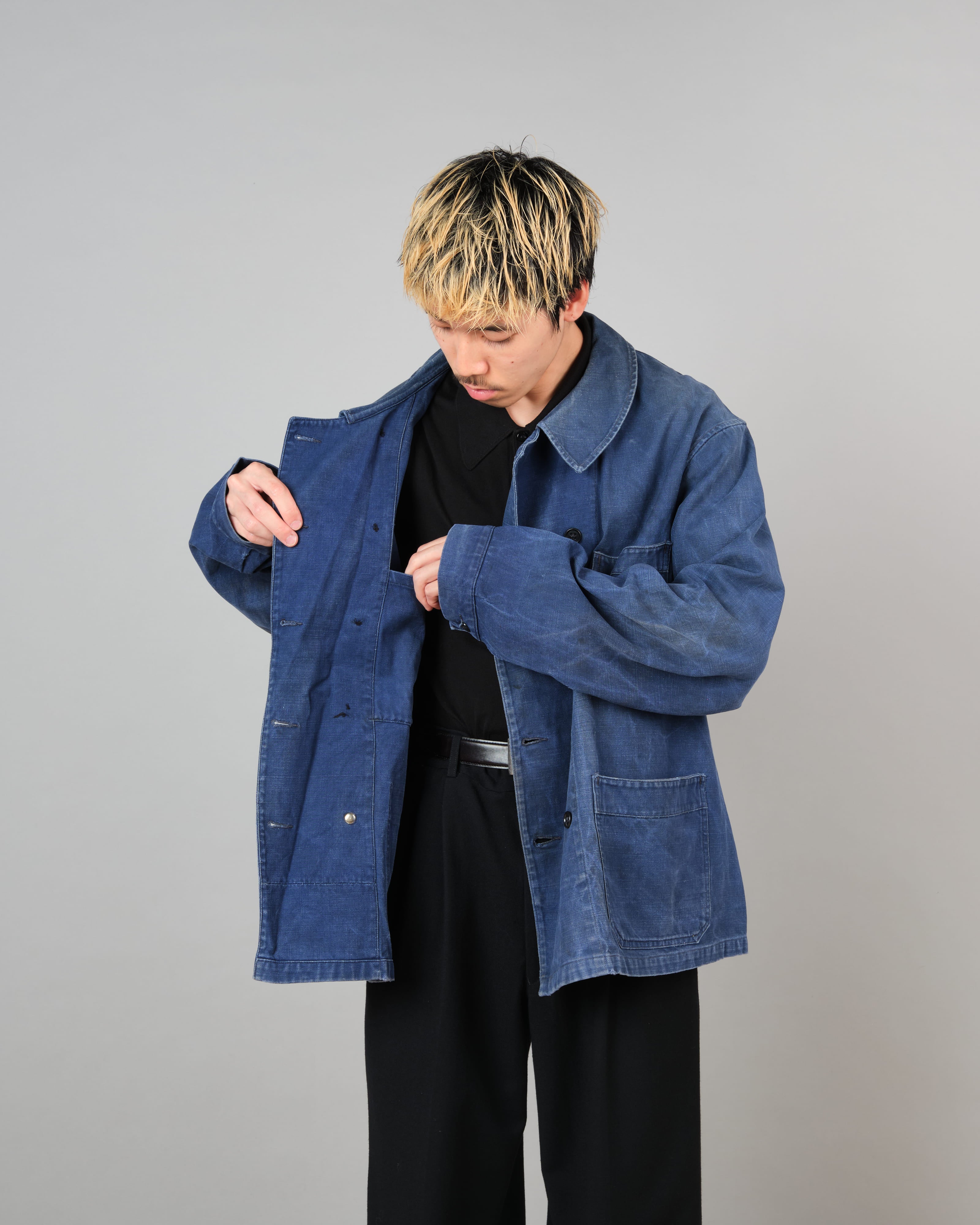 [~50's] French Vintage Blue Cotton Twill Double Breasted Work Jacket