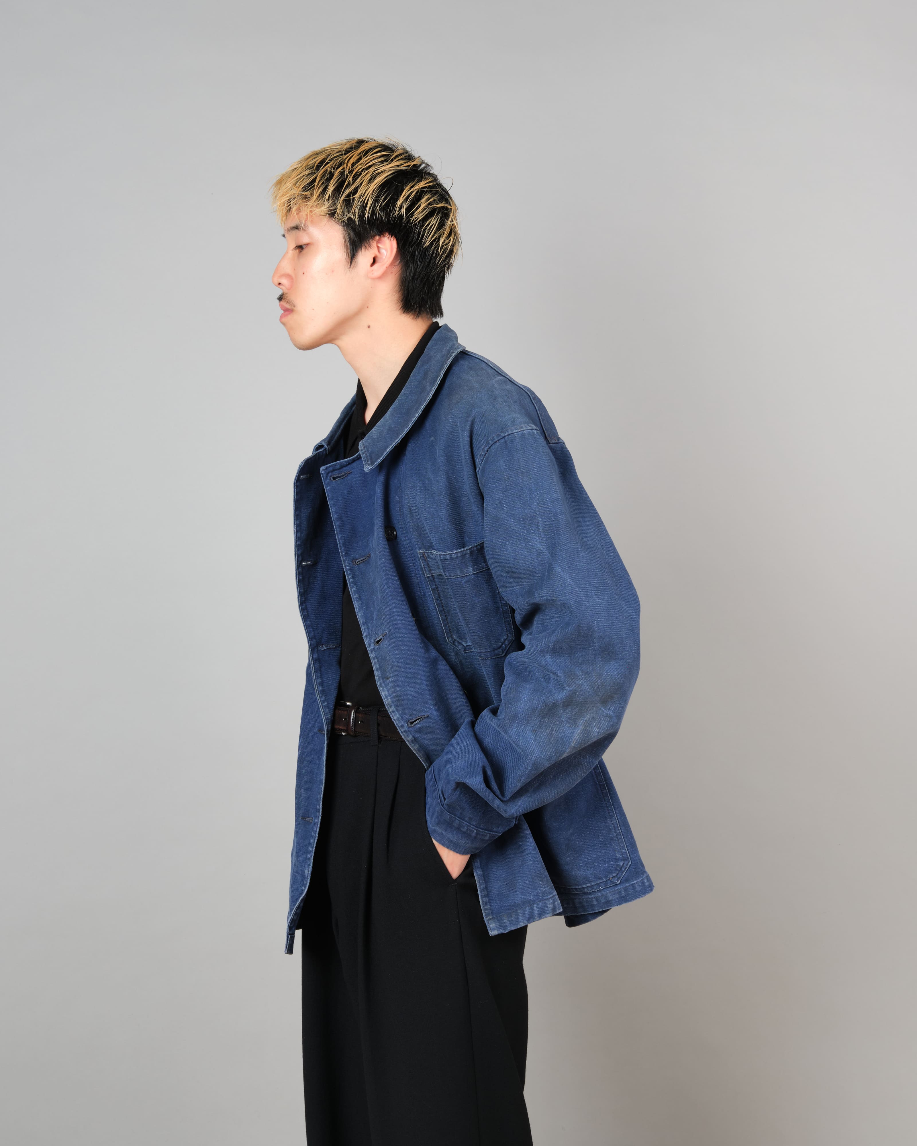 [~50's] French Vintage Blue Cotton Twill Double Breasted Work Jacket