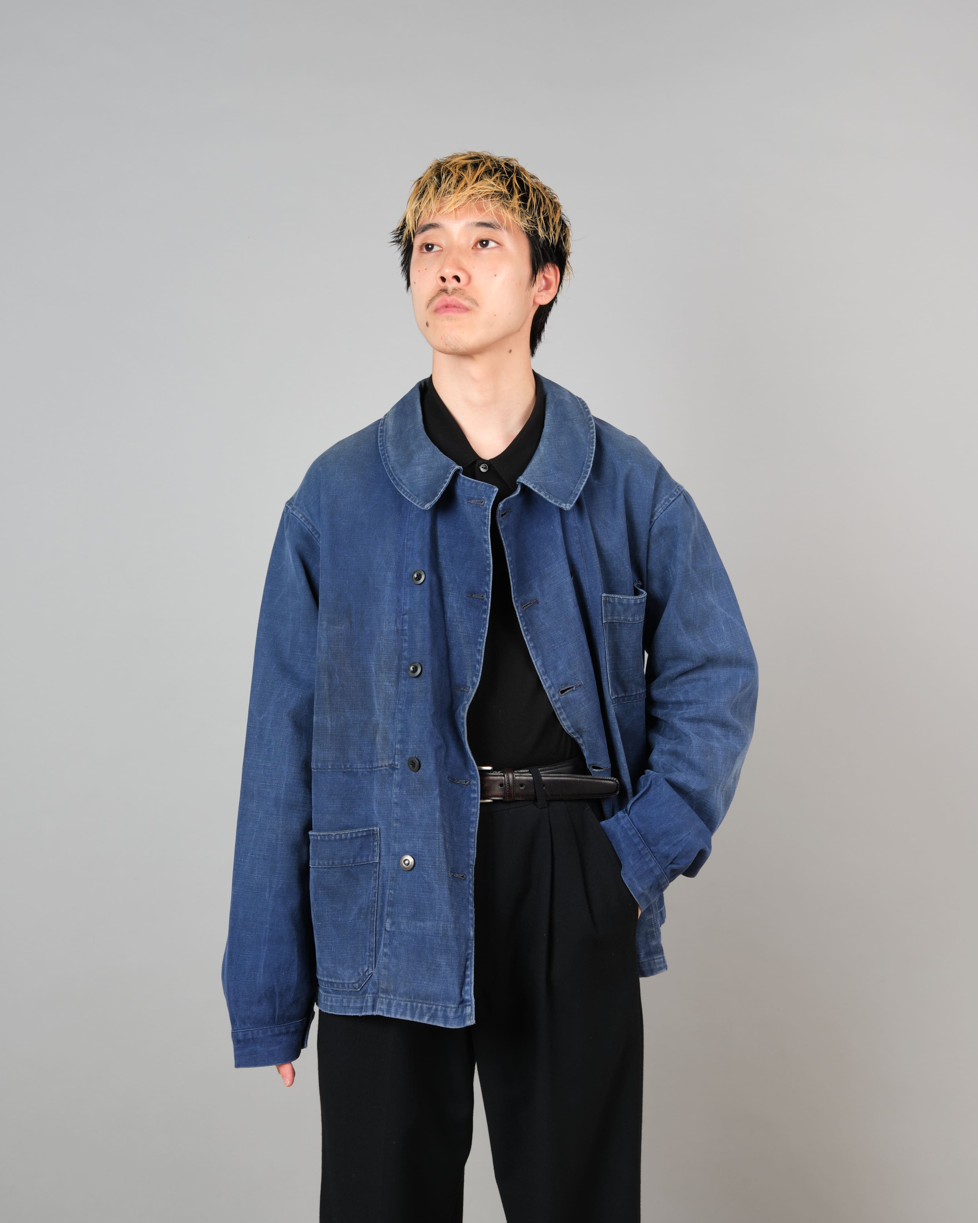 [~50's] French Vintage Blue Cotton Twill Double Breasted Work Jacket