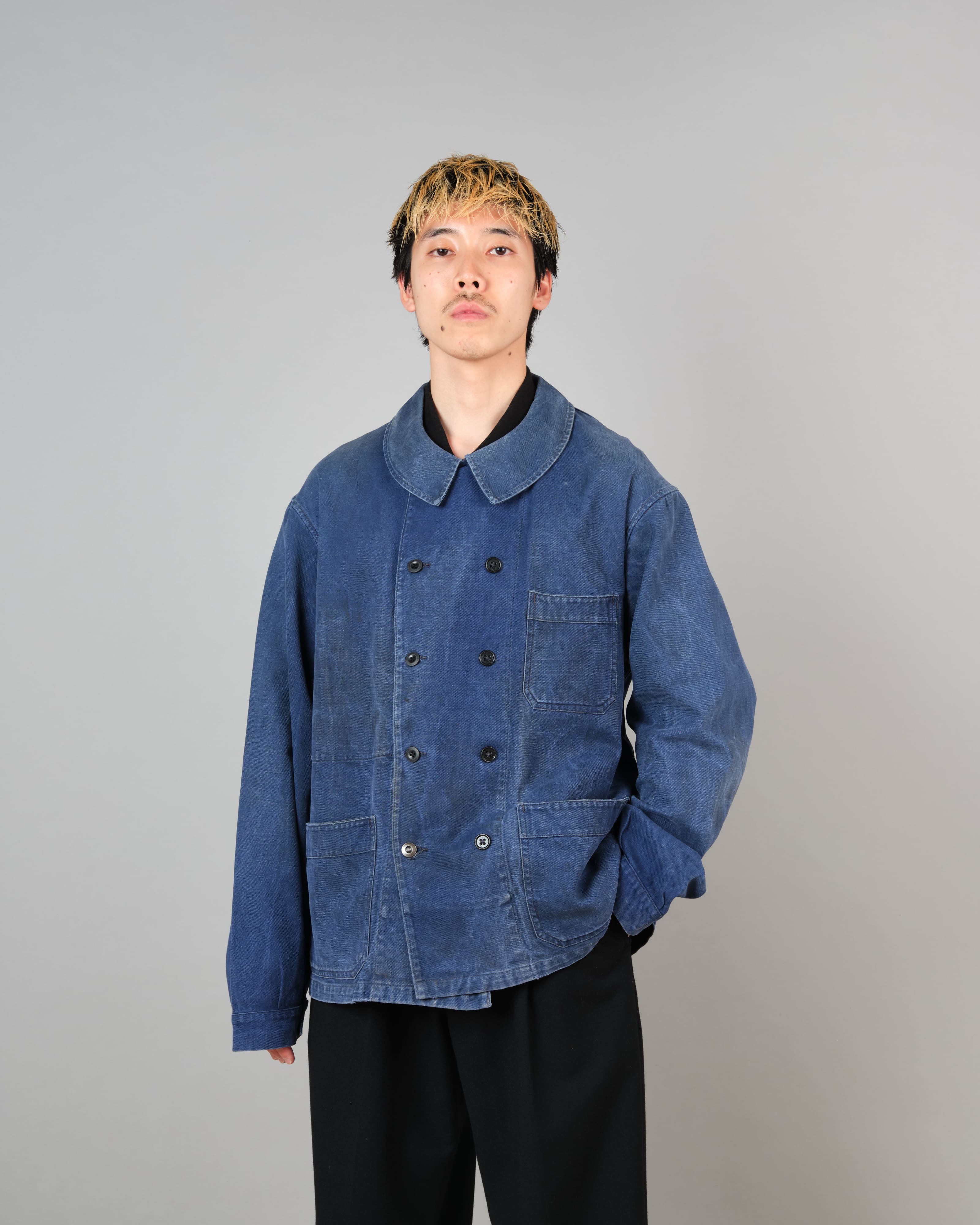 [~50's] French Vintage Blue Cotton Twill Double Breasted Work Jacket
