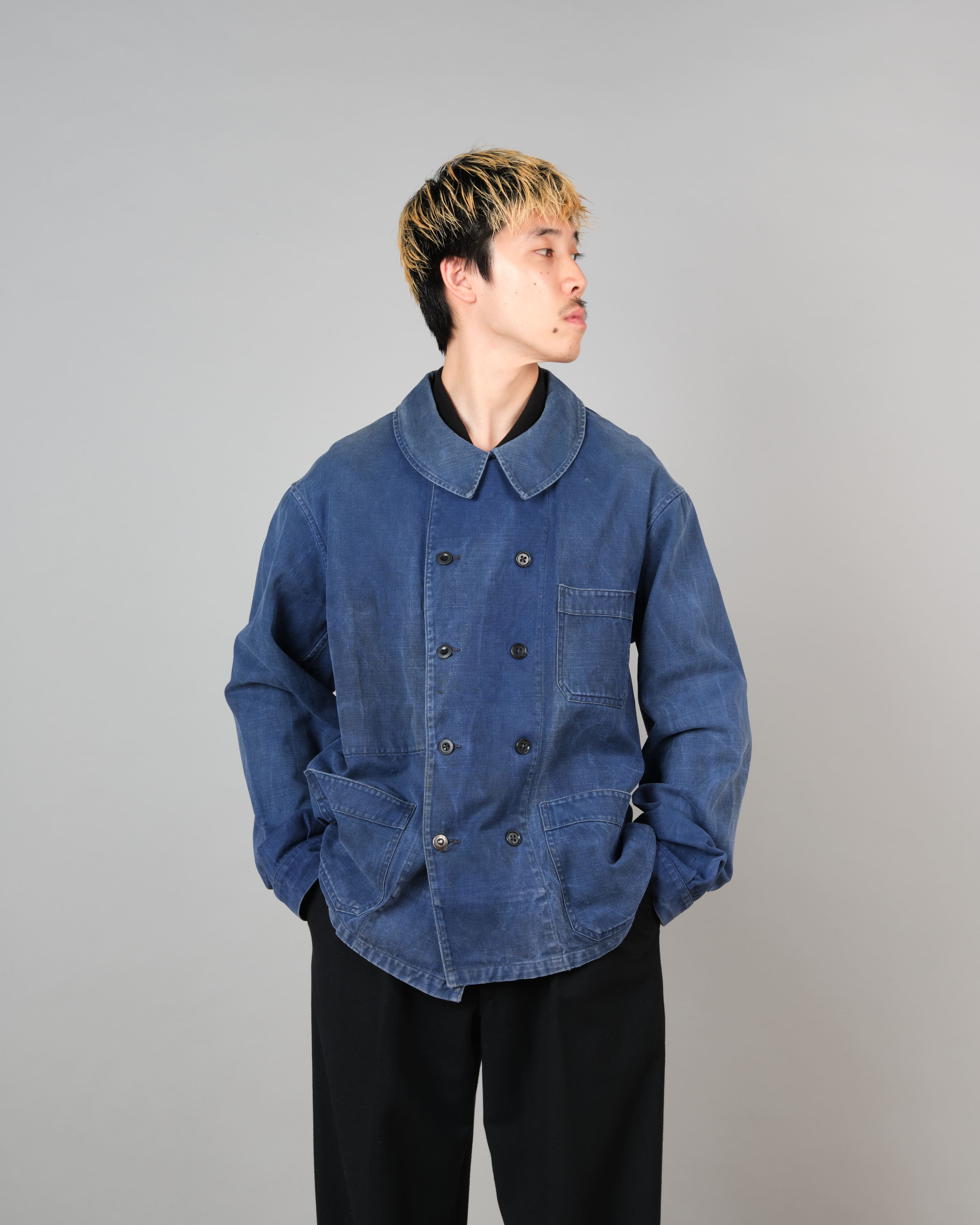 [~50's] French Vintage Blue Cotton Twill Double Breasted Work Jacket