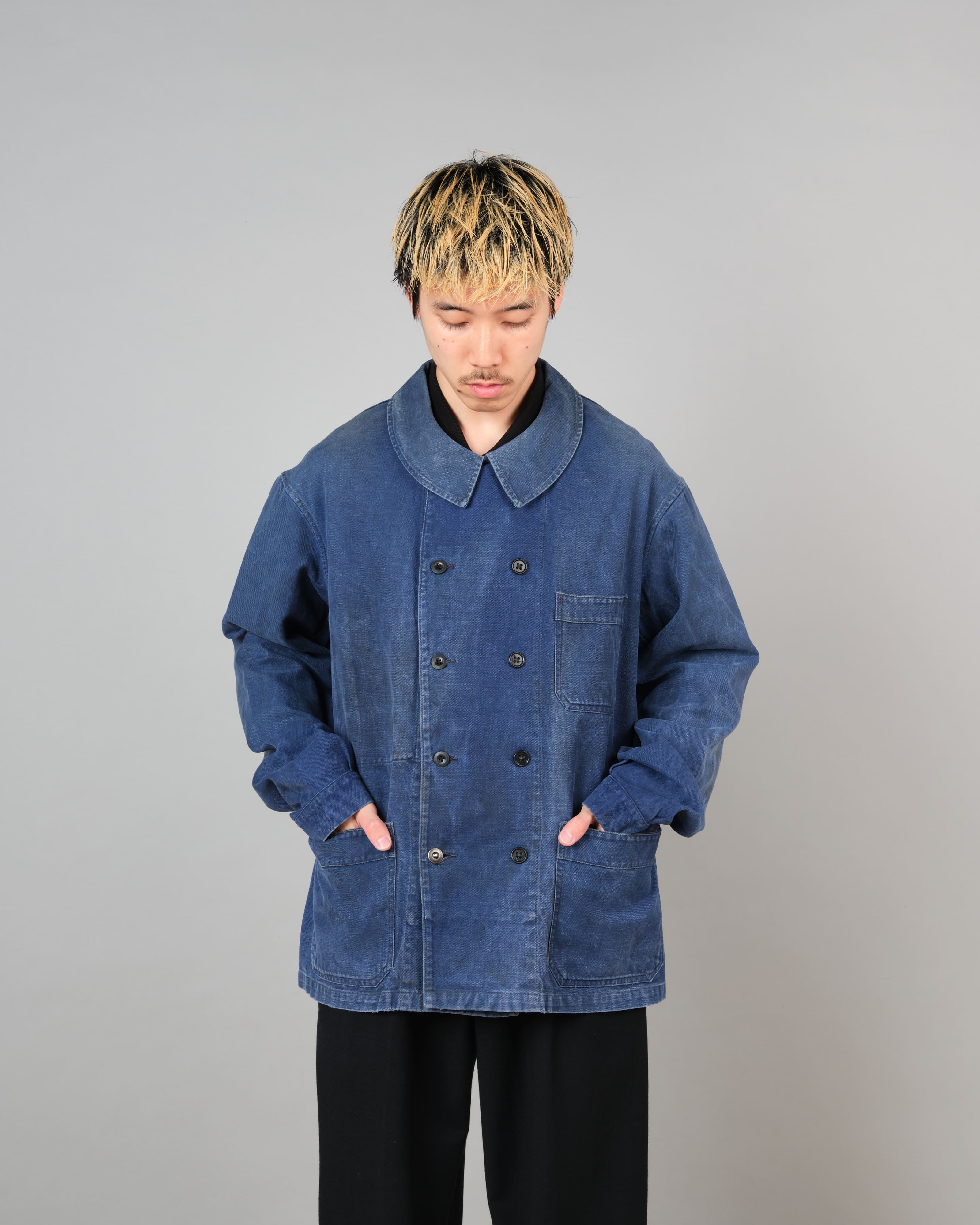 [~50's] French Vintage Blue Cotton Twill Double Breasted Work Jacket