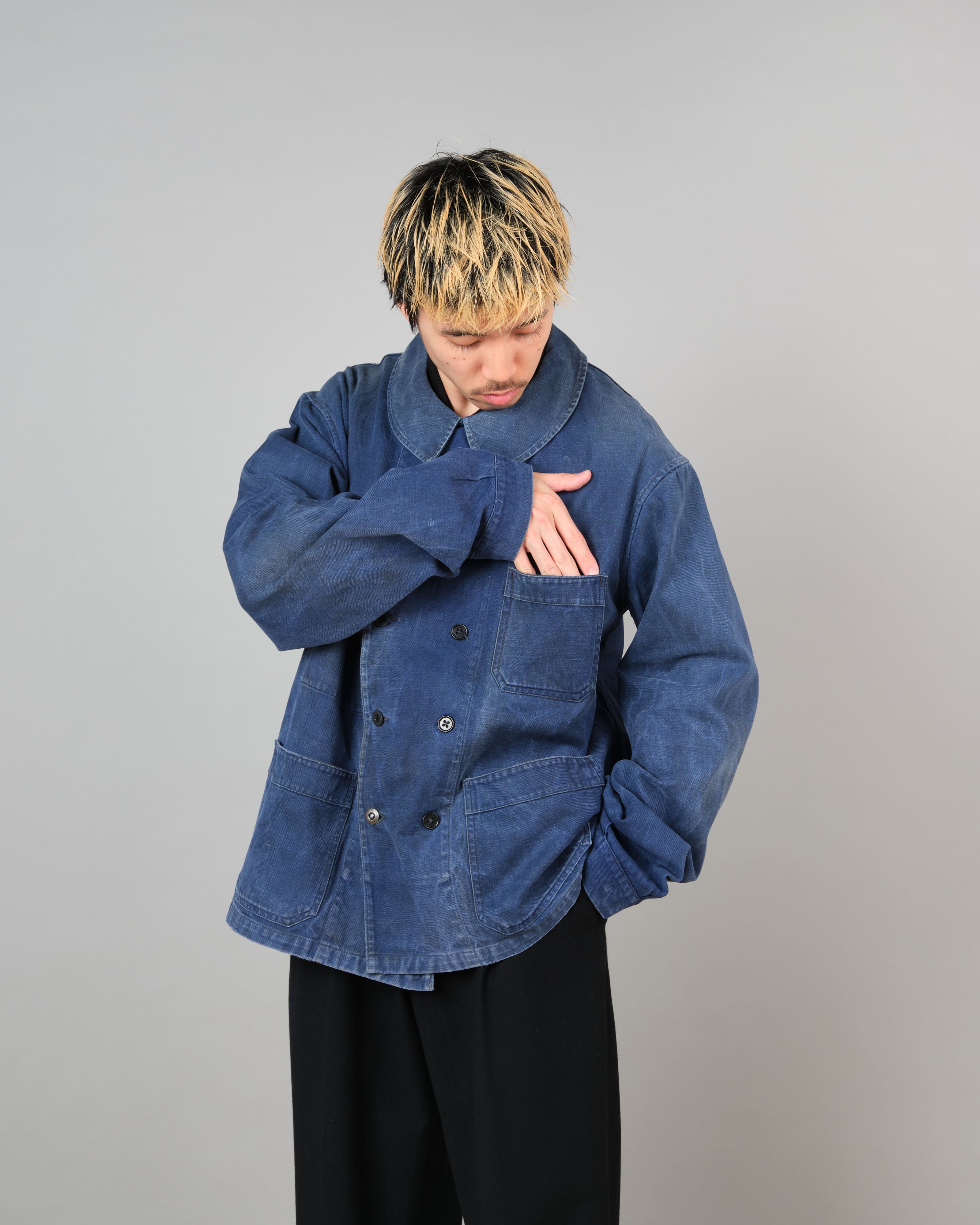 [~50's] French Vintage Blue Cotton Twill Double Breasted Work Jacket