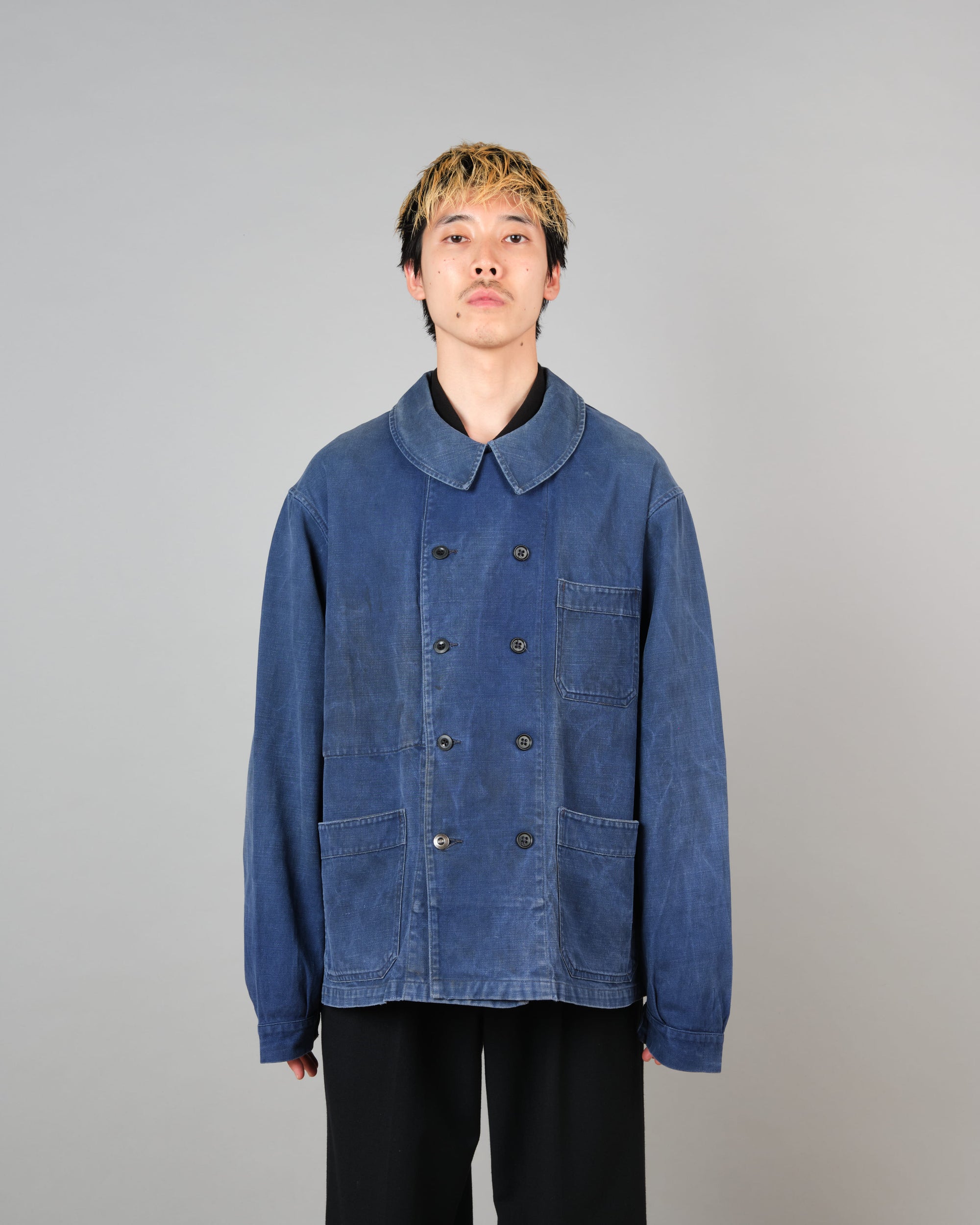 【~50's】French Vintage Blue Cotton Twill Double Breasted Work Jacket