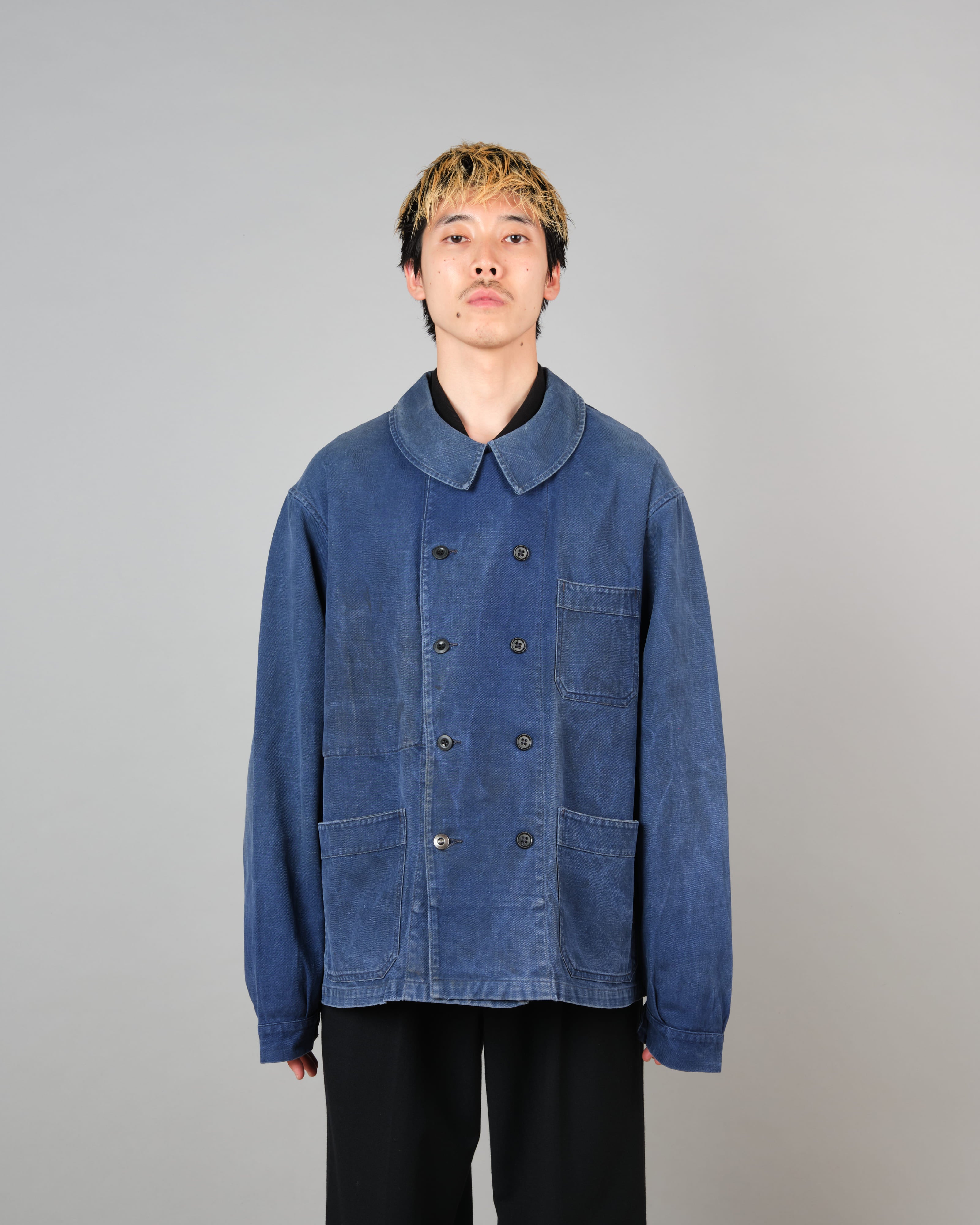 [~50's] French Vintage Blue Cotton Twill Double Breasted Work Jacket