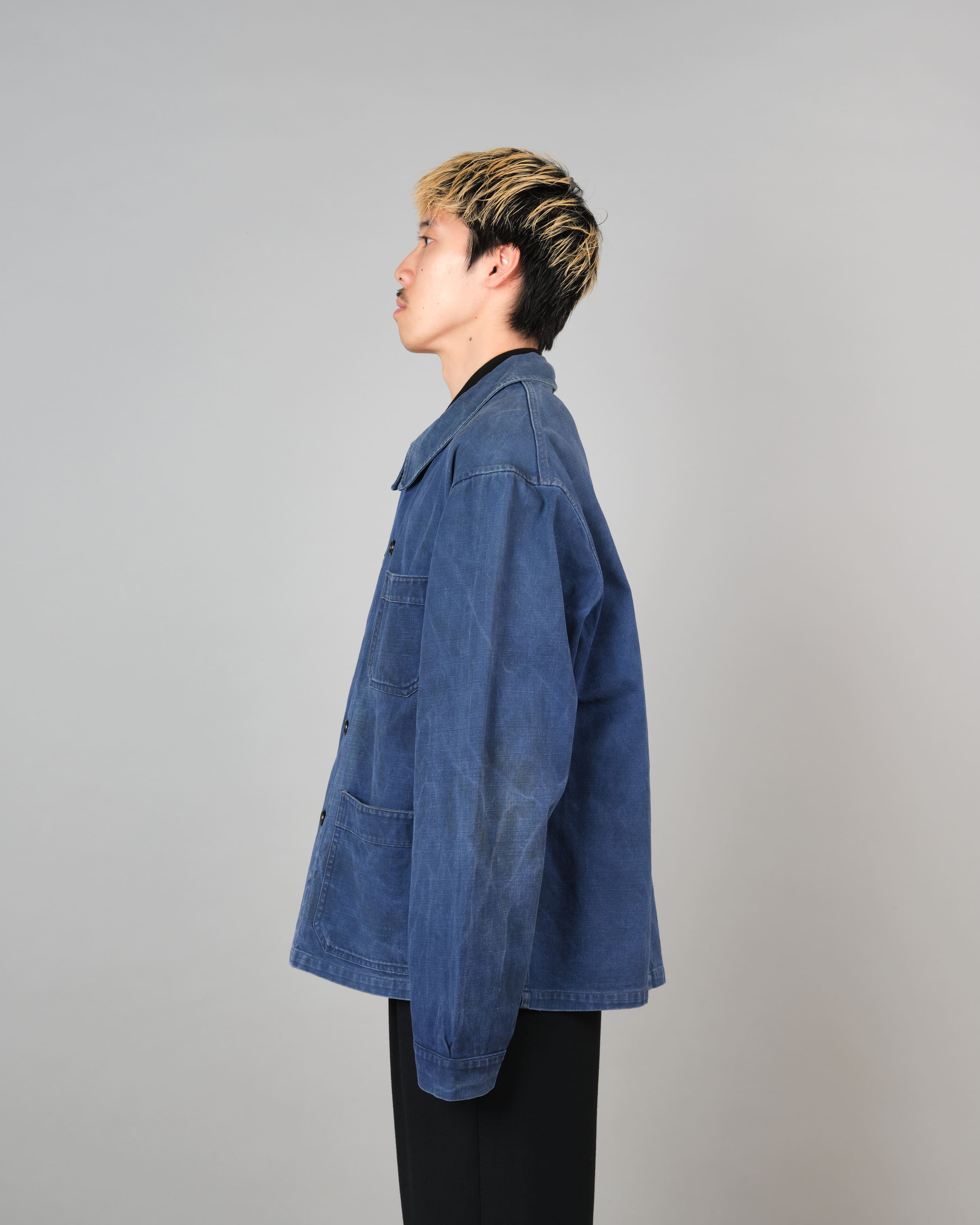 [~50's] French Vintage Blue Cotton Twill Double Breasted Work Jacket