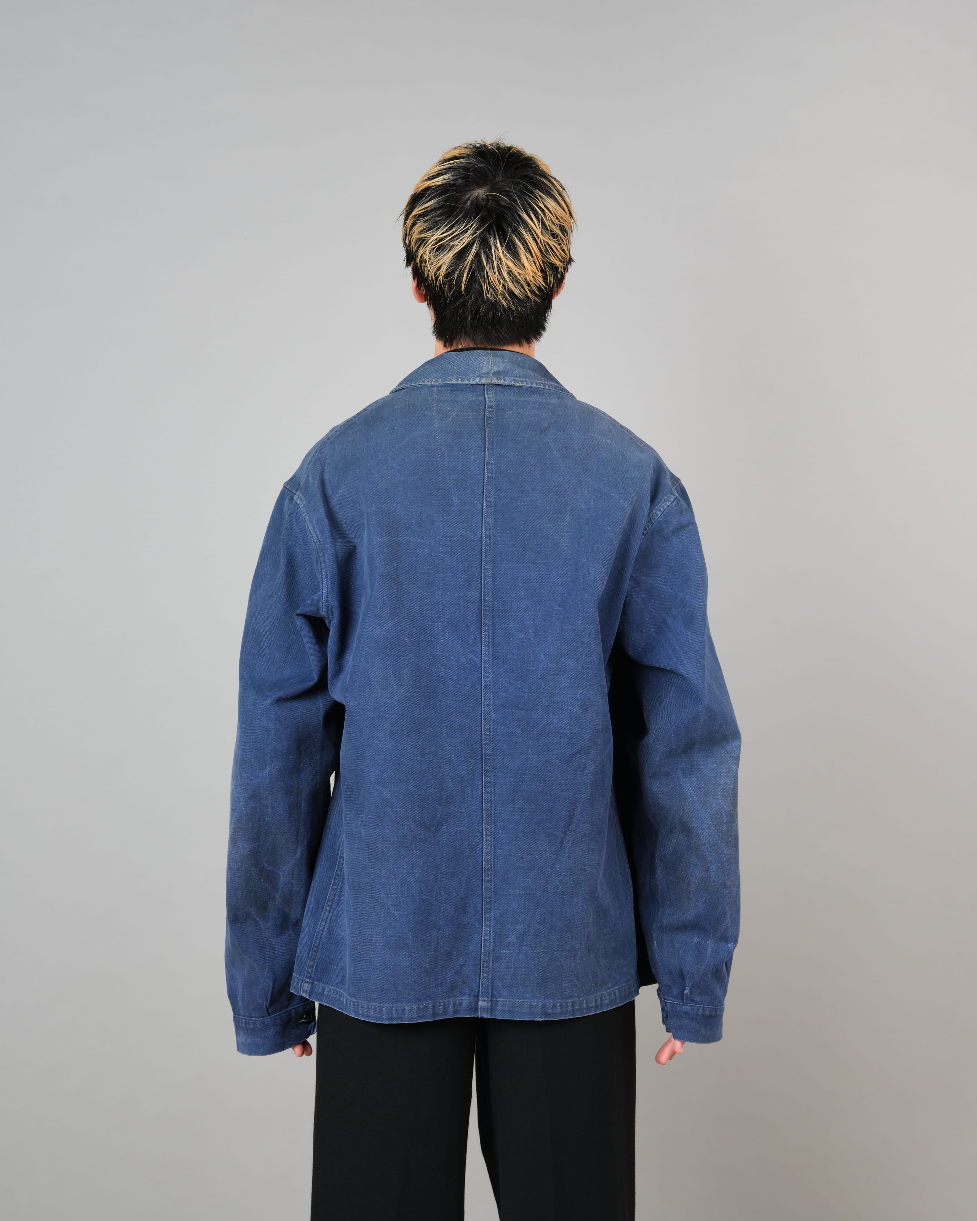 [~50's] French Vintage Blue Cotton Twill Double Breasted Work Jacket