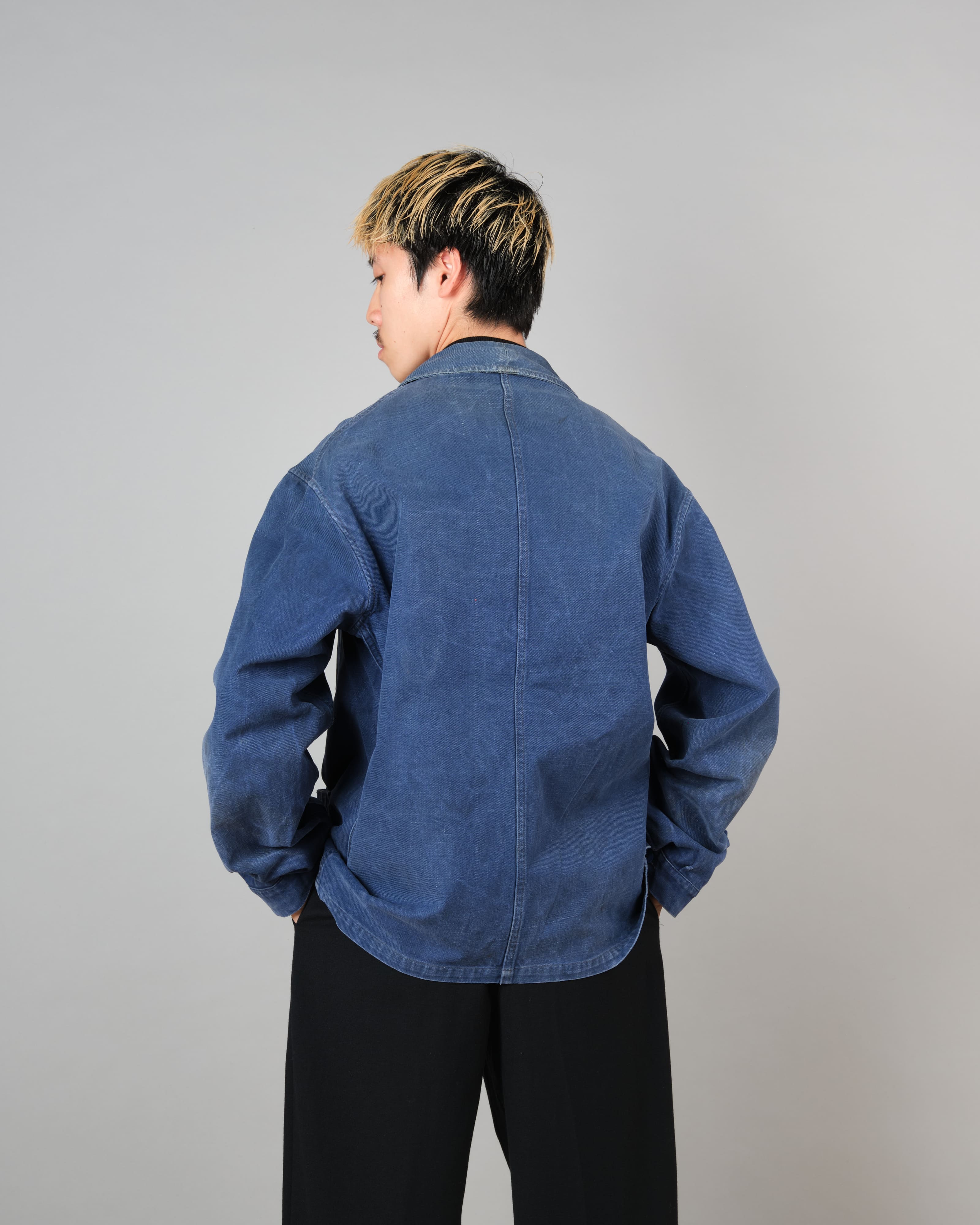 [~50's] French Vintage Blue Cotton Twill Double Breasted Work Jacket