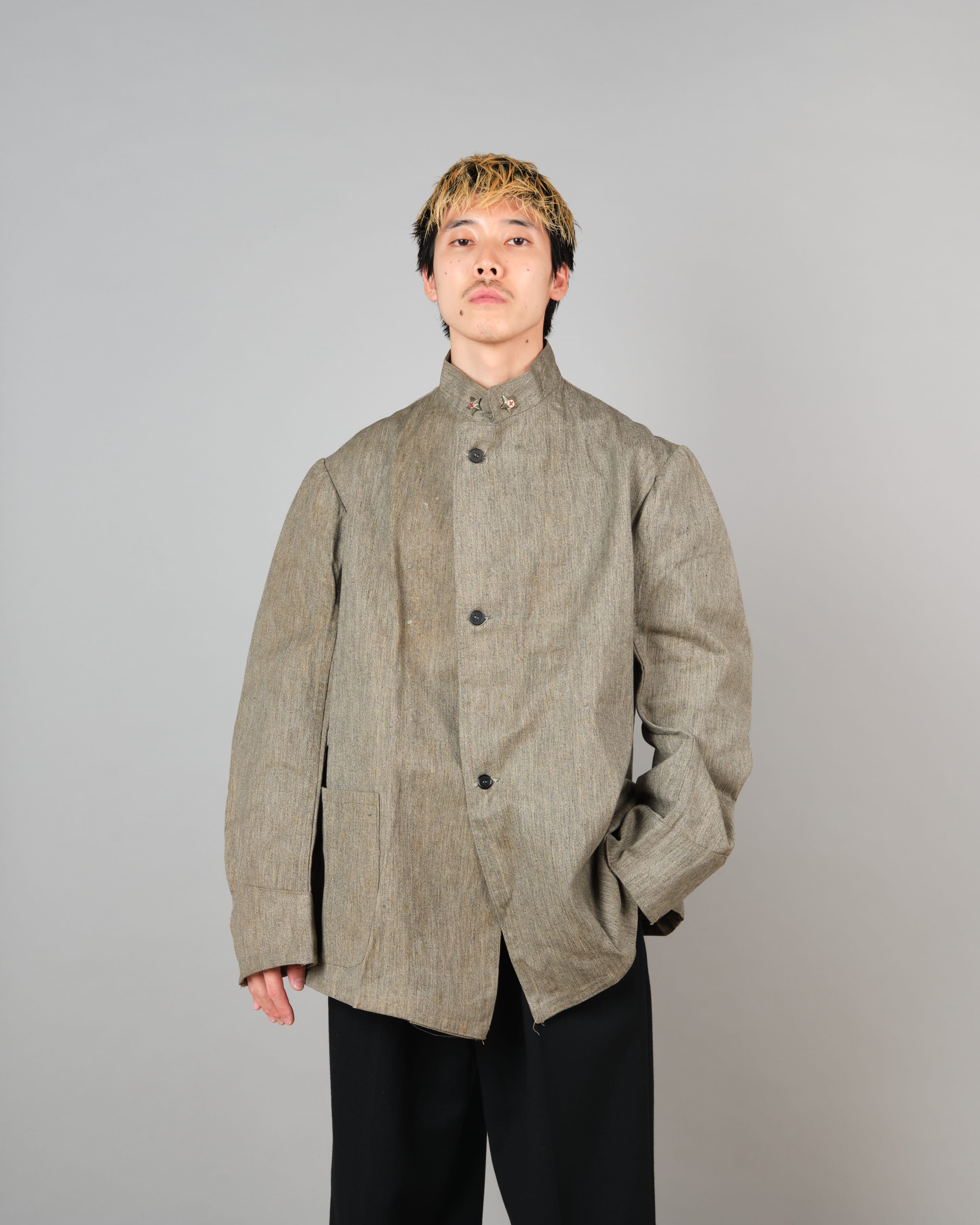 [~20's] Royal Italian Army Salt & Pepper Cotton Stand Collar Jacket "Red Cross"