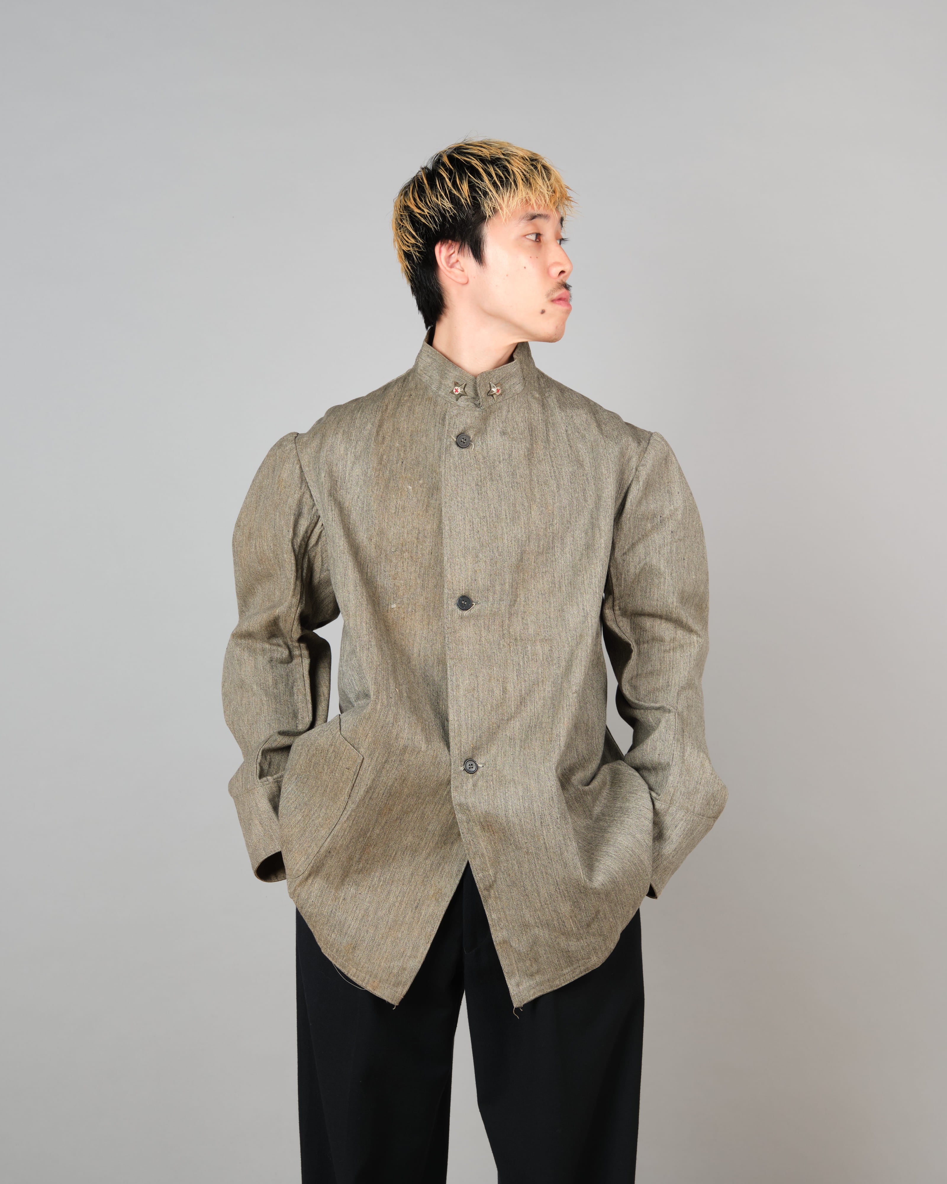 [~20's] Royal Italian Army Salt & Pepper Cotton Stand Collar Jacket "Red Cross"