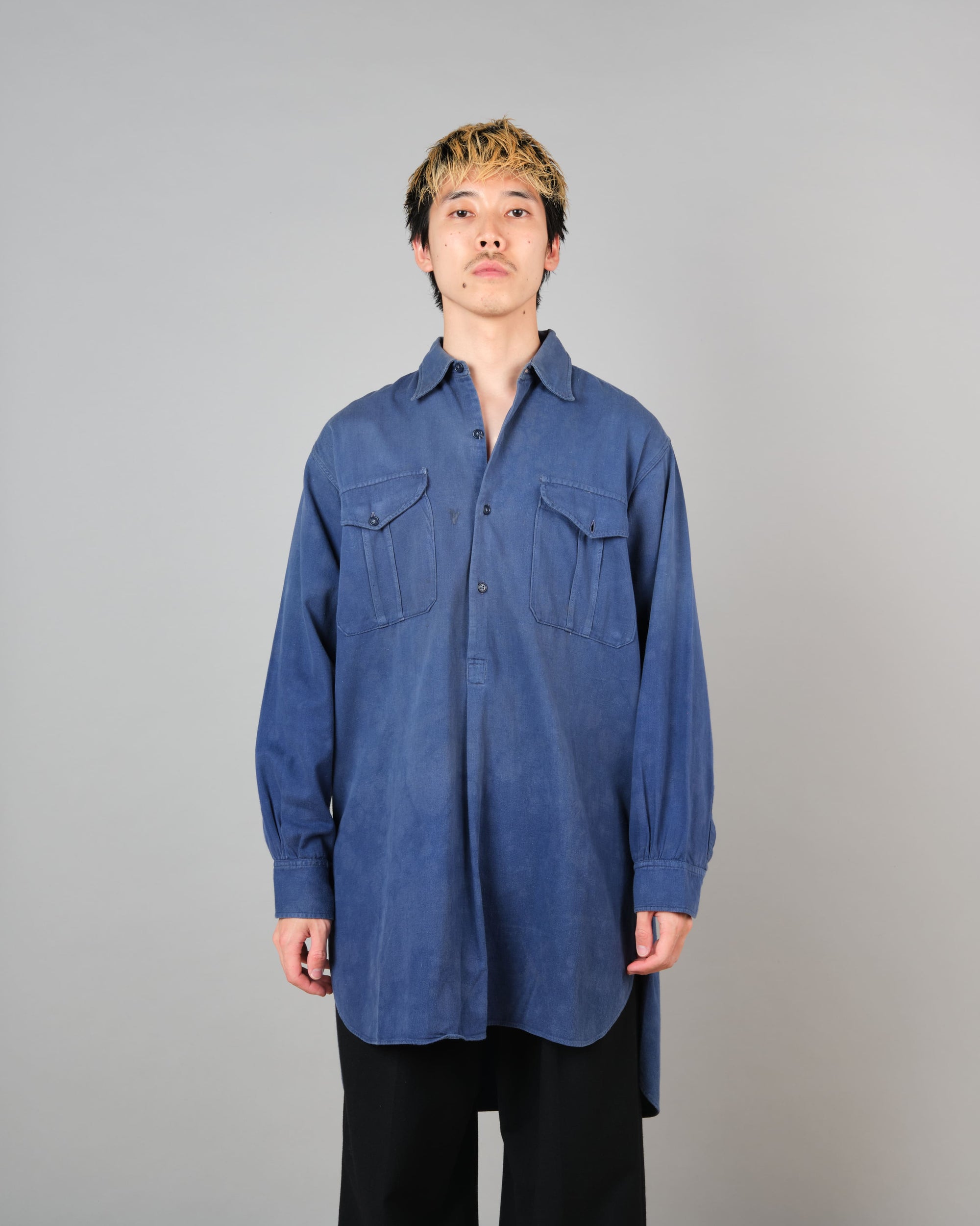 【~50’s】French Vintage Blue Cotton Twill Grandpa Shirt Size.41 "Adolphe Lafont"
