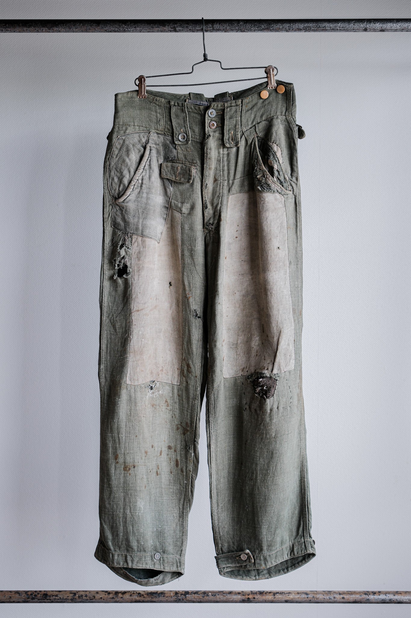 【~40's】WWⅡ German Army M43 Green Linen Summer Trousers "Unusual Fabric" "Boro" "Wehrmacht"