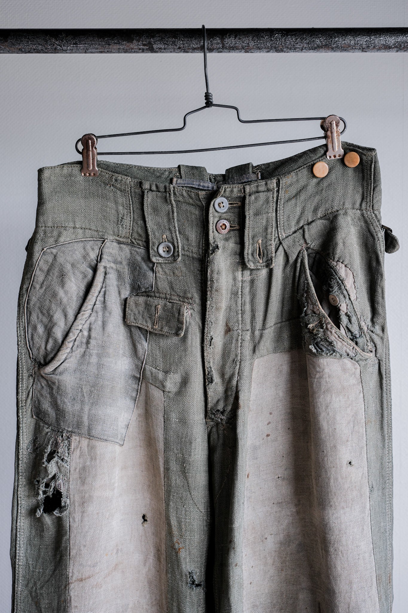 【~40's】WWⅡ German Army M43 Green Linen Summer Trousers "Unusual Fabric" "Boro" "Wehrmacht"