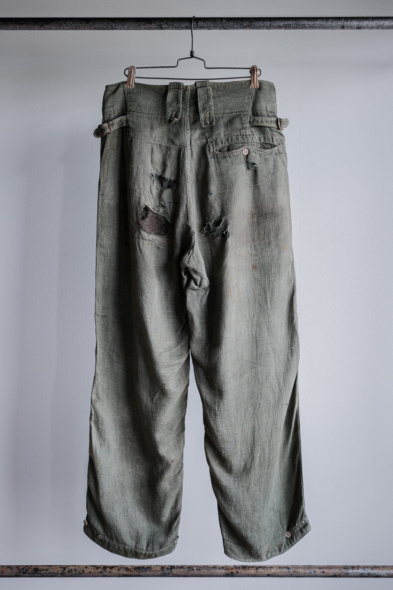 [~ 40's] WWⅡ German Army M43 GREEN LINEN SUMMER TROUSERS "Unusual Fabric" "Boro" "Wehrmacht"