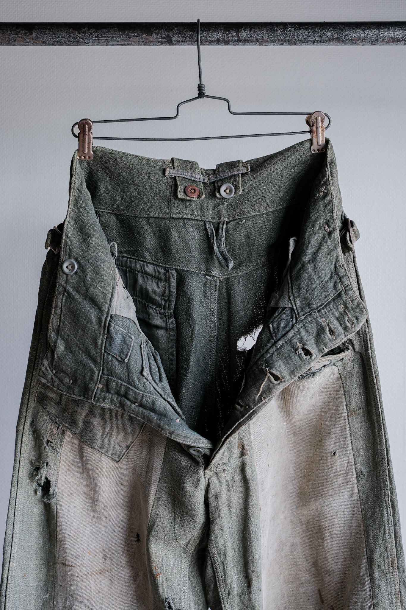 【~40's】WWⅡ German Army M43 Green Linen Summer Trousers "Unusual Fabric" "Boro" "Wehrmacht"