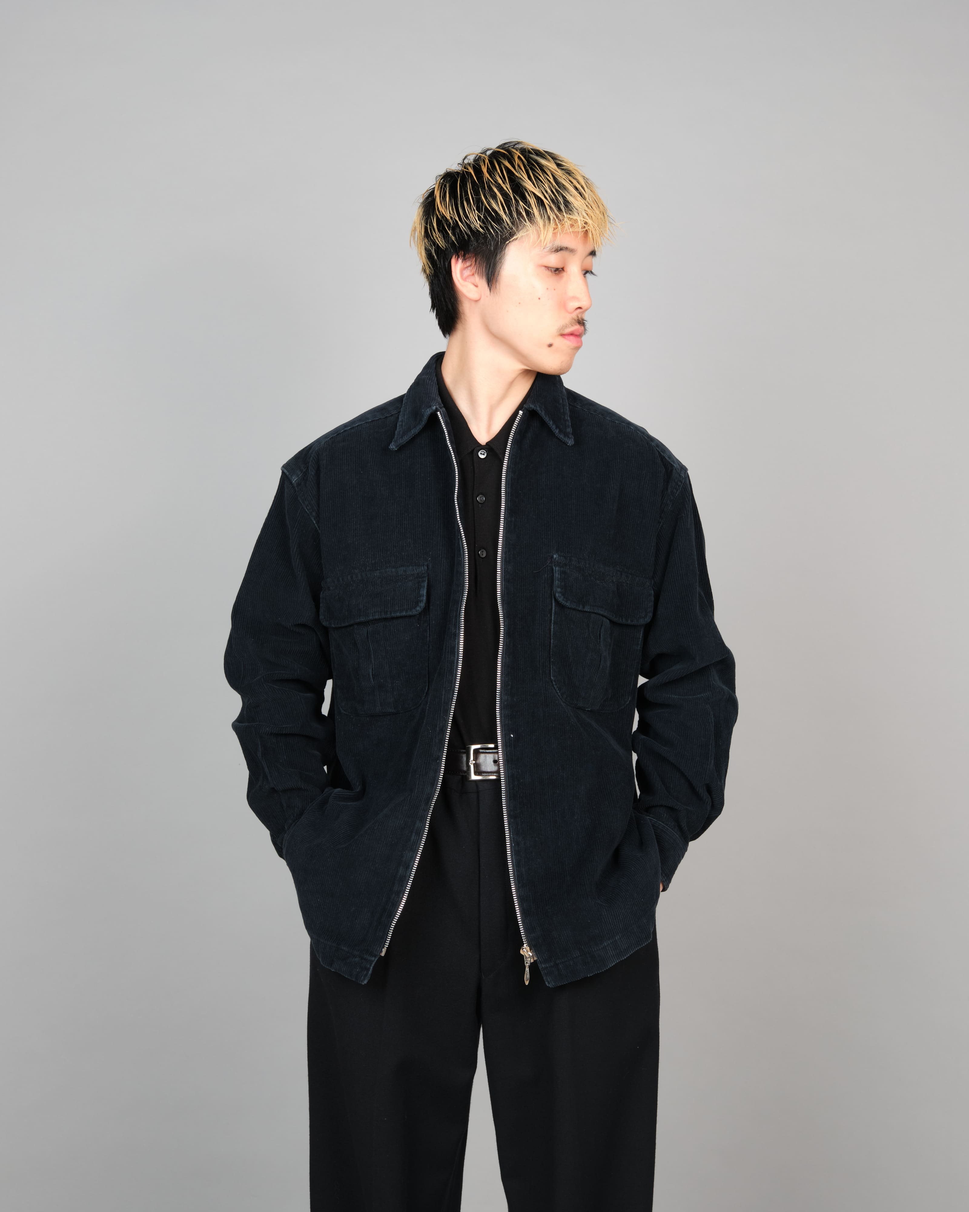 90's］Italian Vintage Dark Navy Corduroy Zip Up Shirt Jacket
