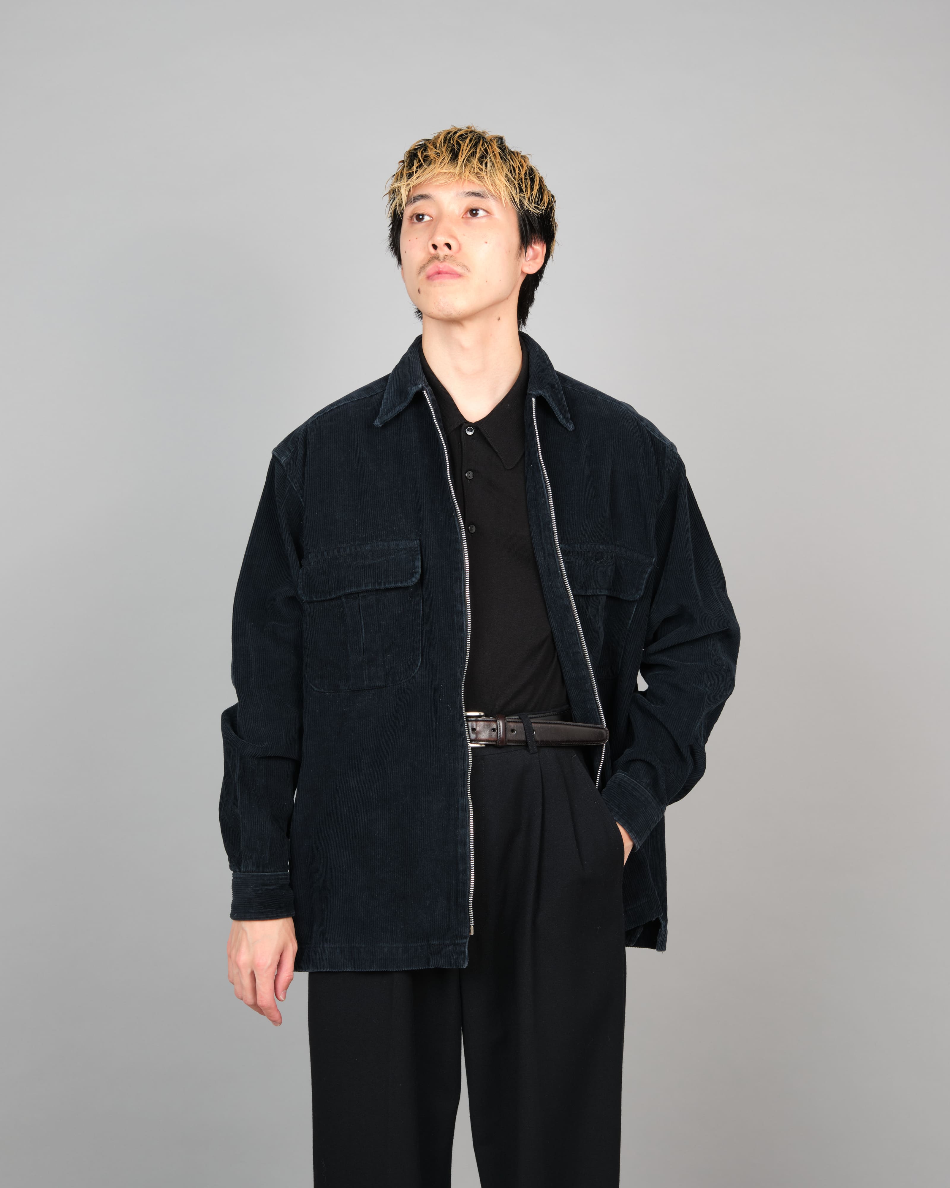 90's］Italian Vintage Dark Navy Corduroy Zip Up Shirt Jacket