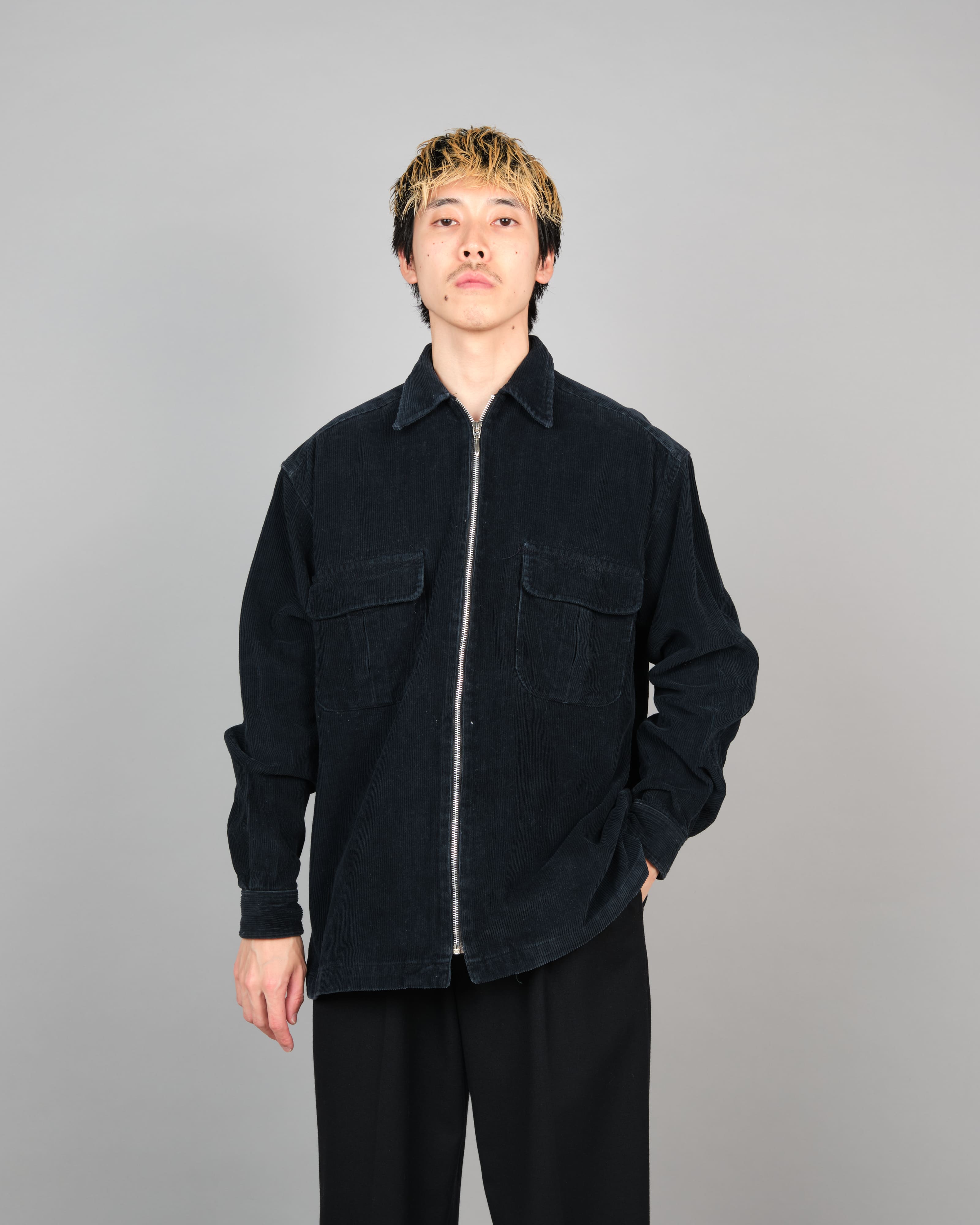 90's］Italian Vintage Dark Navy Corduroy Zip Up Shirt Jacket