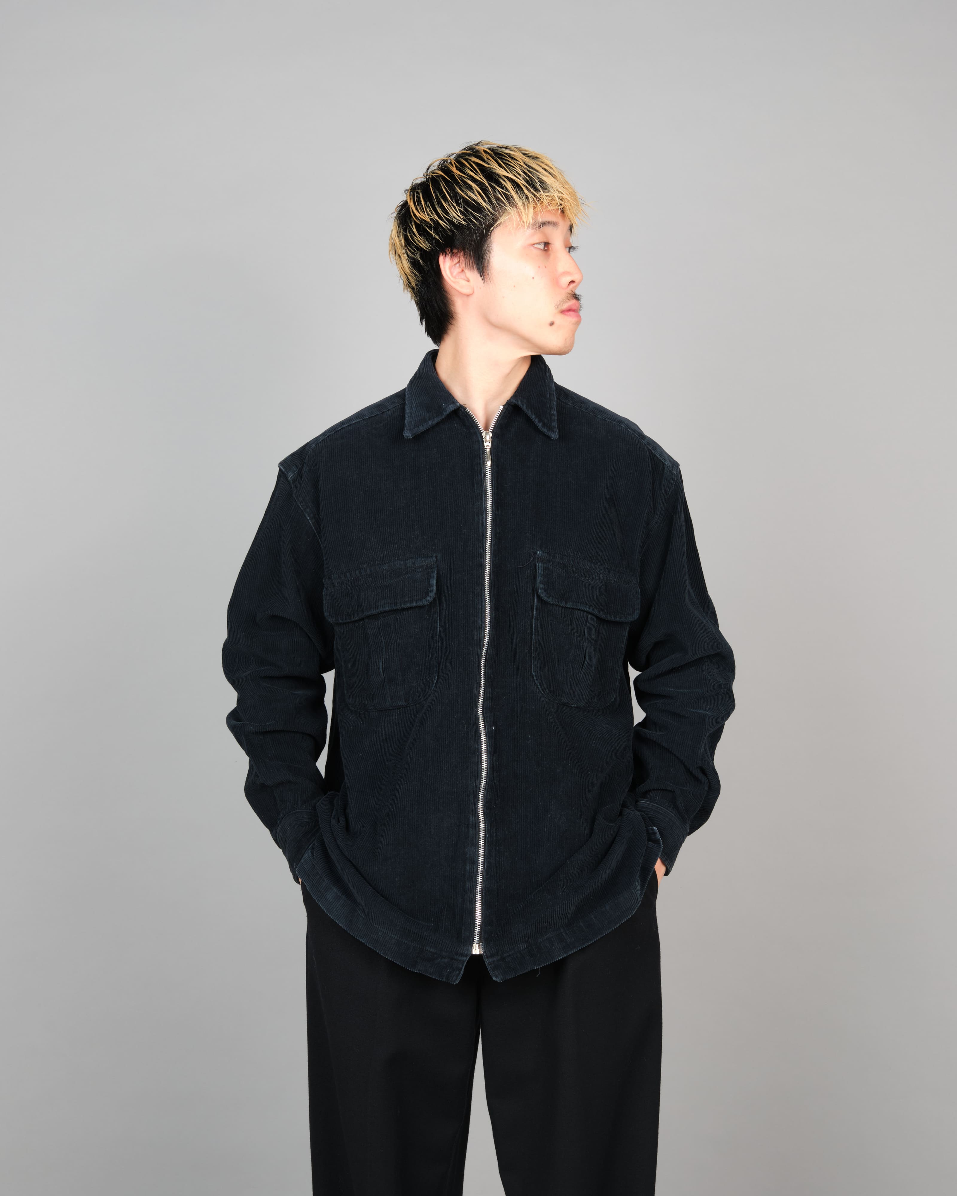 90's］Italian Vintage Dark Navy Corduroy Zip Up Shirt Jacket
