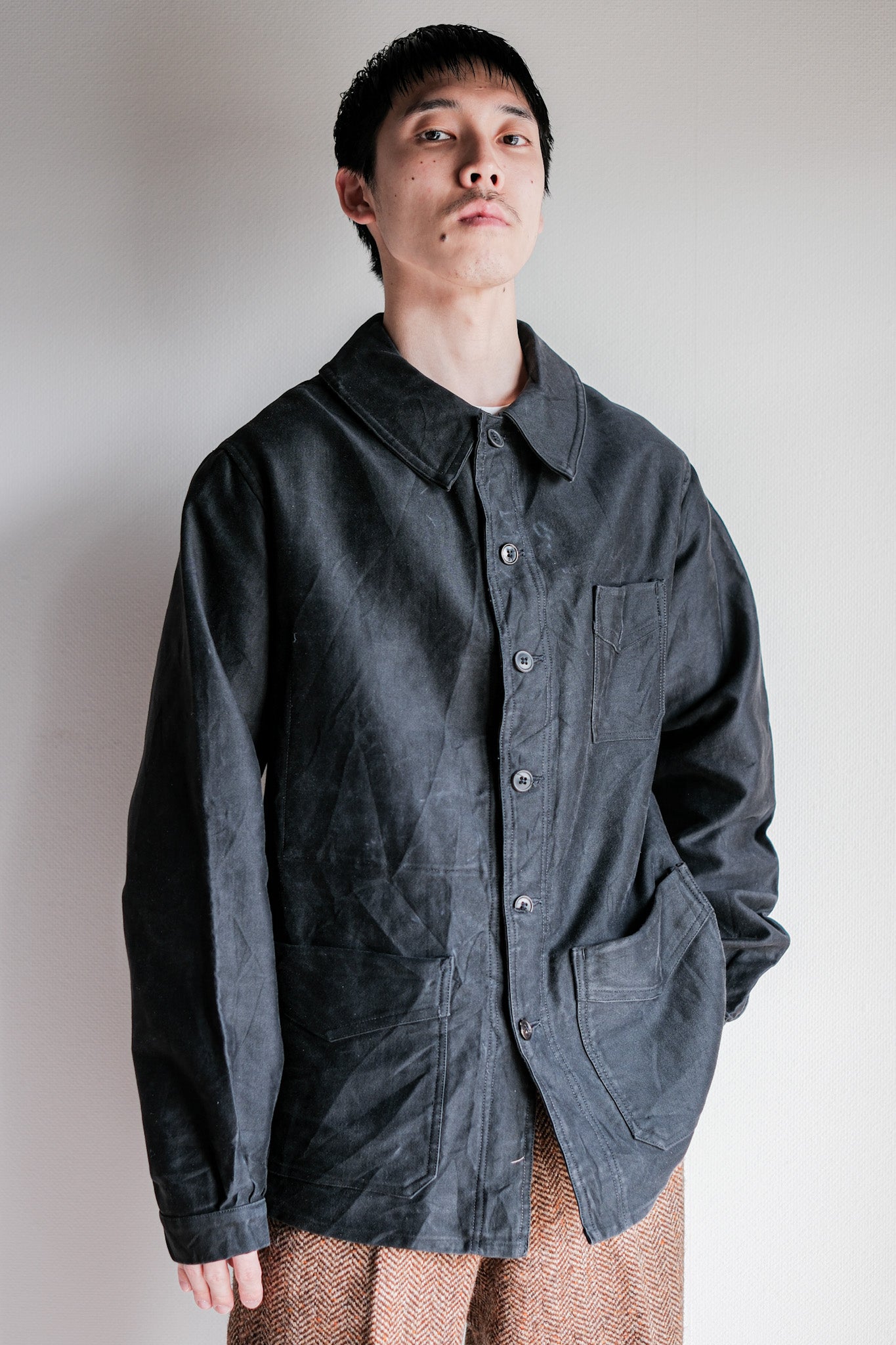 【~30's】French Vintage Black Moleskin Work Jacket "6 Buttons"