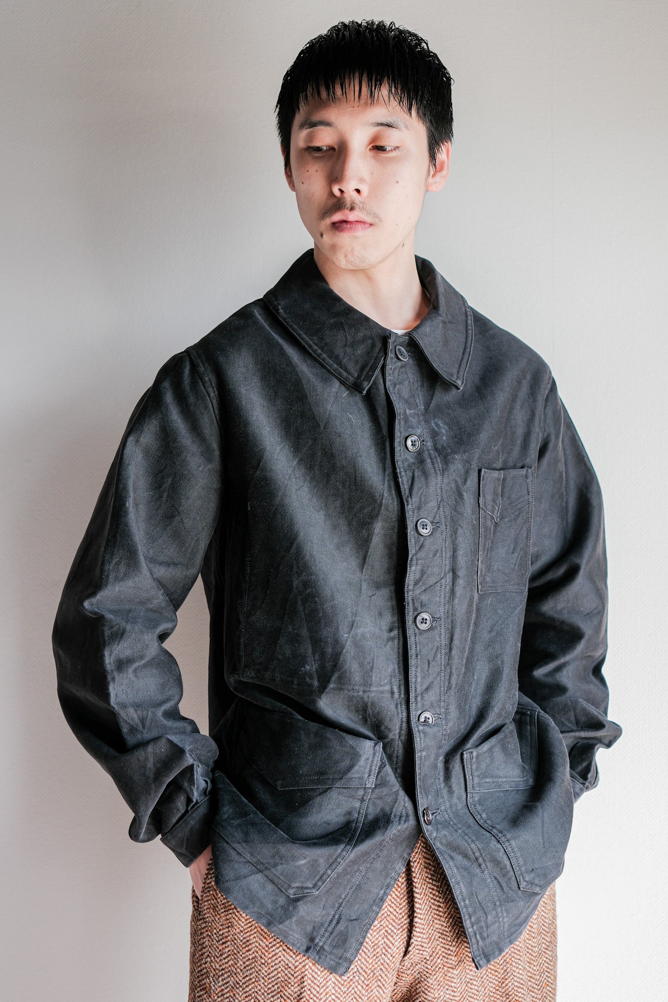 【~30's】French Vintage Black Moleskin Work Jacket "6 Buttons"