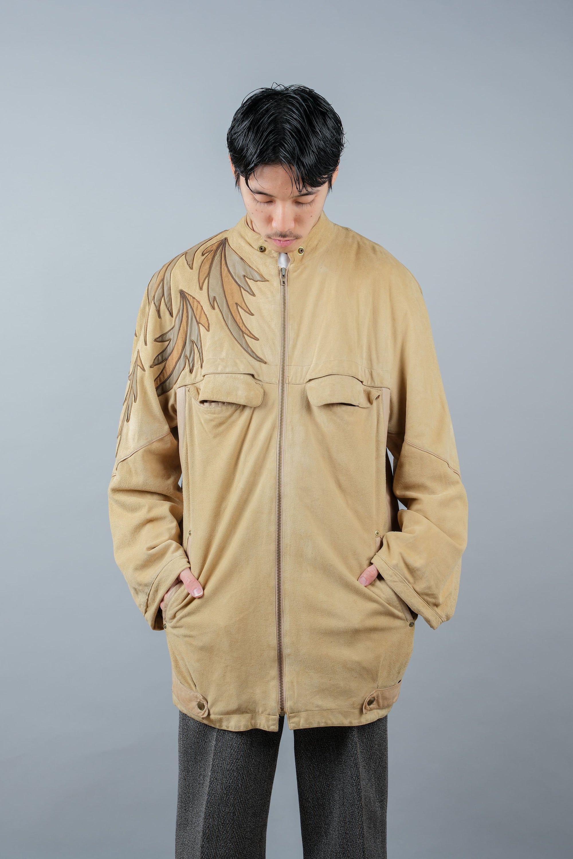 ［~80's］Old CLAUDE MONTANA Raglan Sleeve Zip Up Suede Leather Jacket