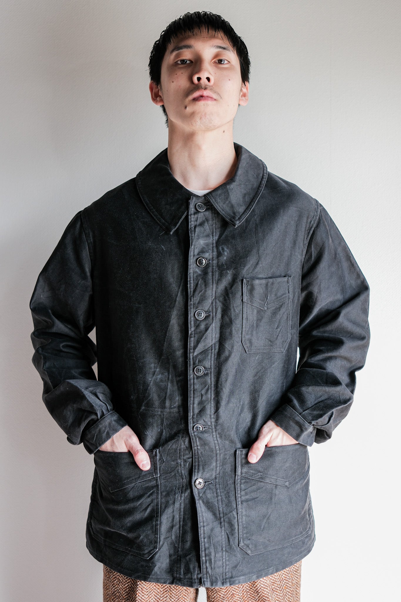 【~30's】French Vintage Black Moleskin Work Jacket "6 Buttons"