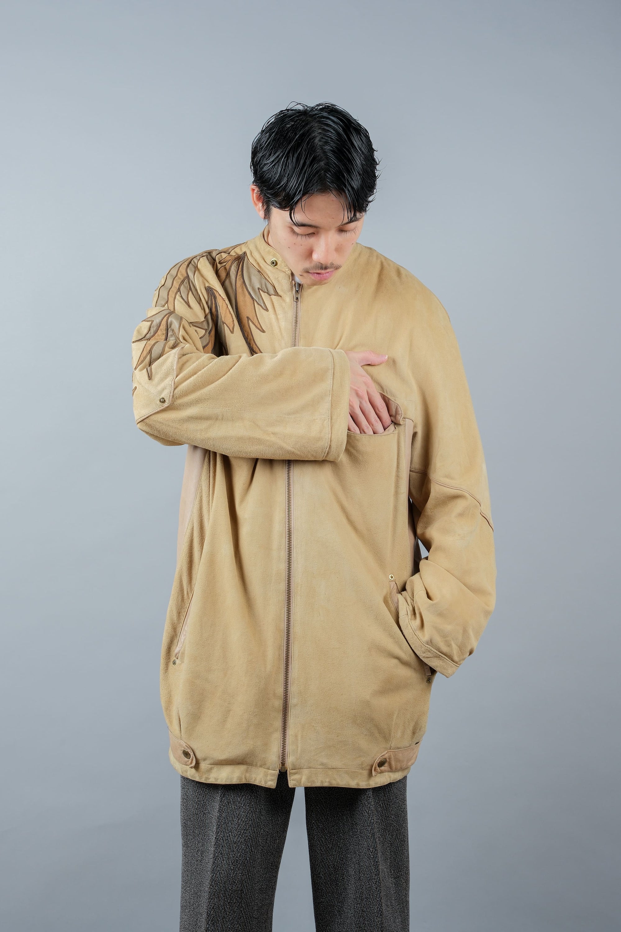［~80's］Old CLAUDE MONTANA Raglan Sleeve Zip Up Suede Leather Jacket