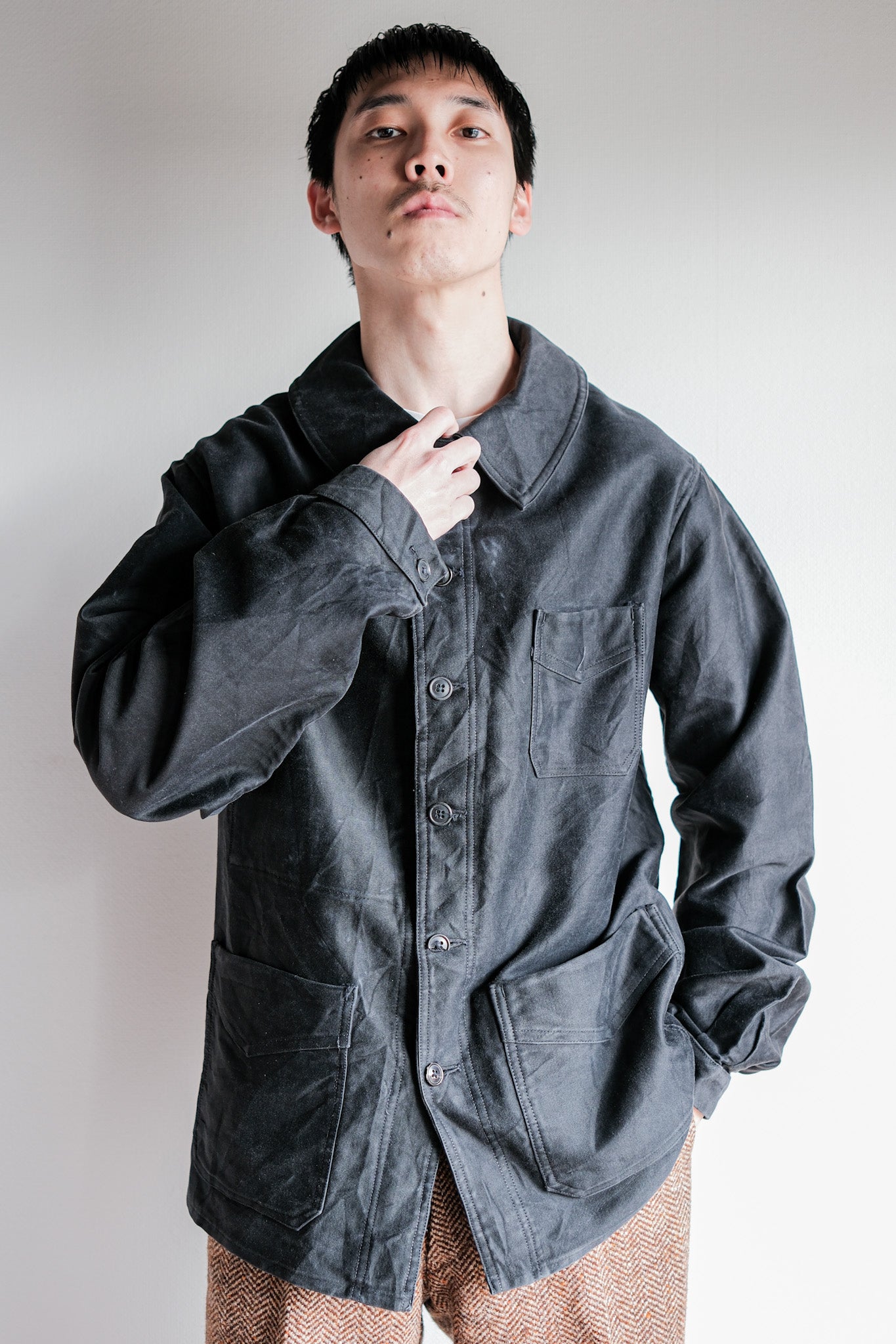 【~30's】French Vintage Black Moleskin Work Jacket "6 Buttons"