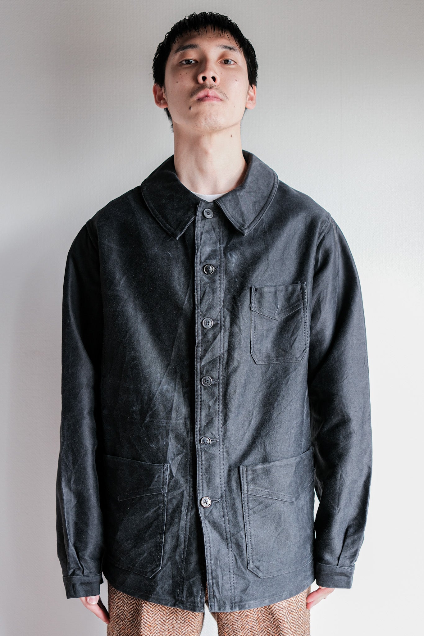 【~30's】French Vintage Black Moleskin Work Jacket "6 Buttons"