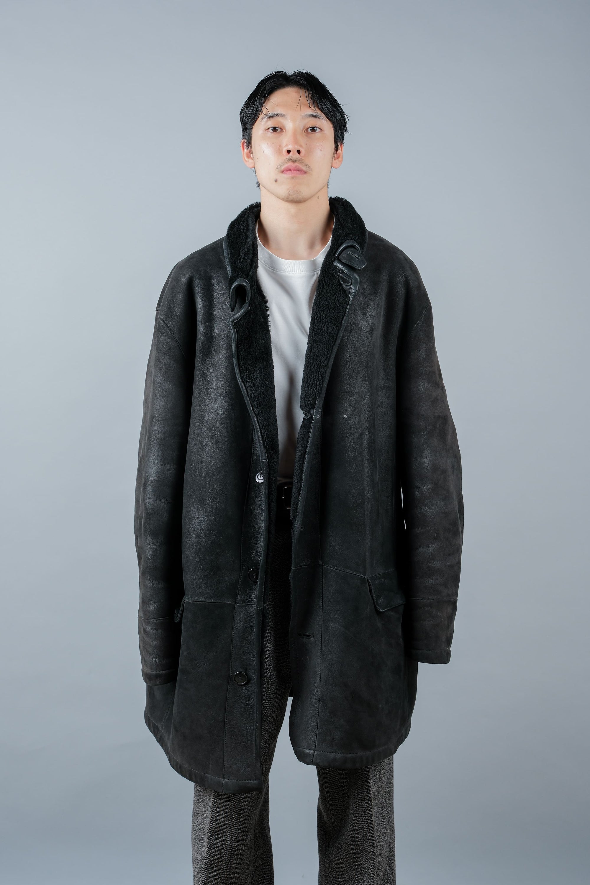 ［~90's］Old SERAPHIN Black Leather Mouton Half Coat Size.54