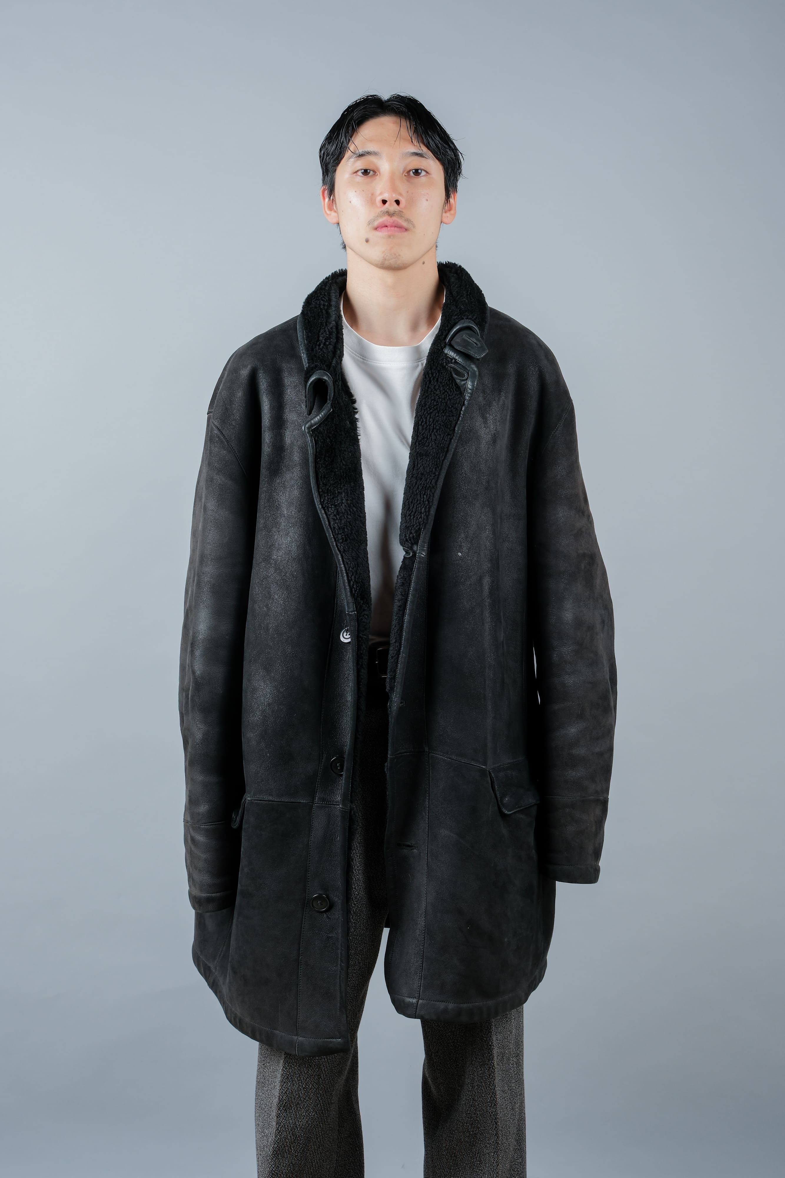 [~ 90's] Old Seraphin Black Leather Mouton Half Coat Size.54