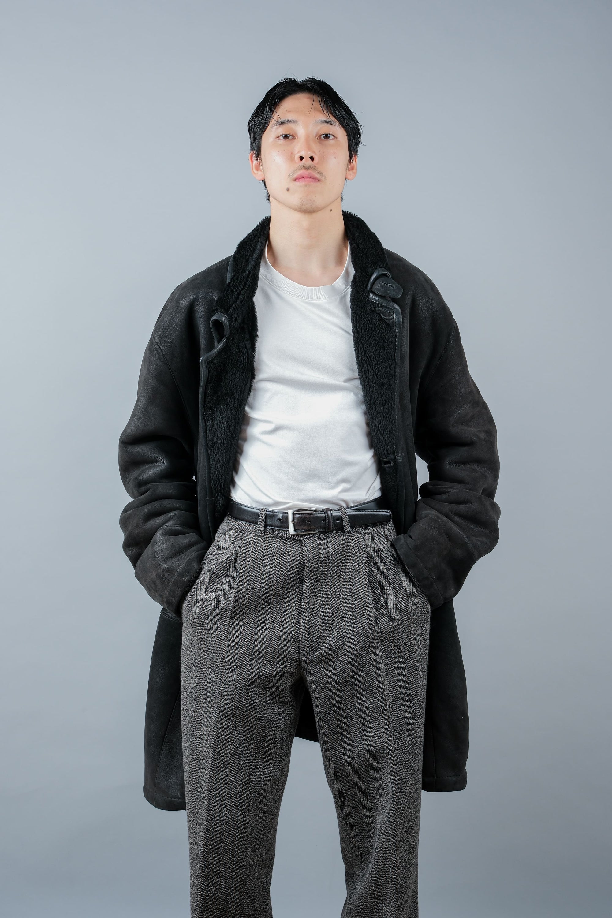 ［~90's］Old SERAPHIN Black Leather Mouton Half Coat Size.54