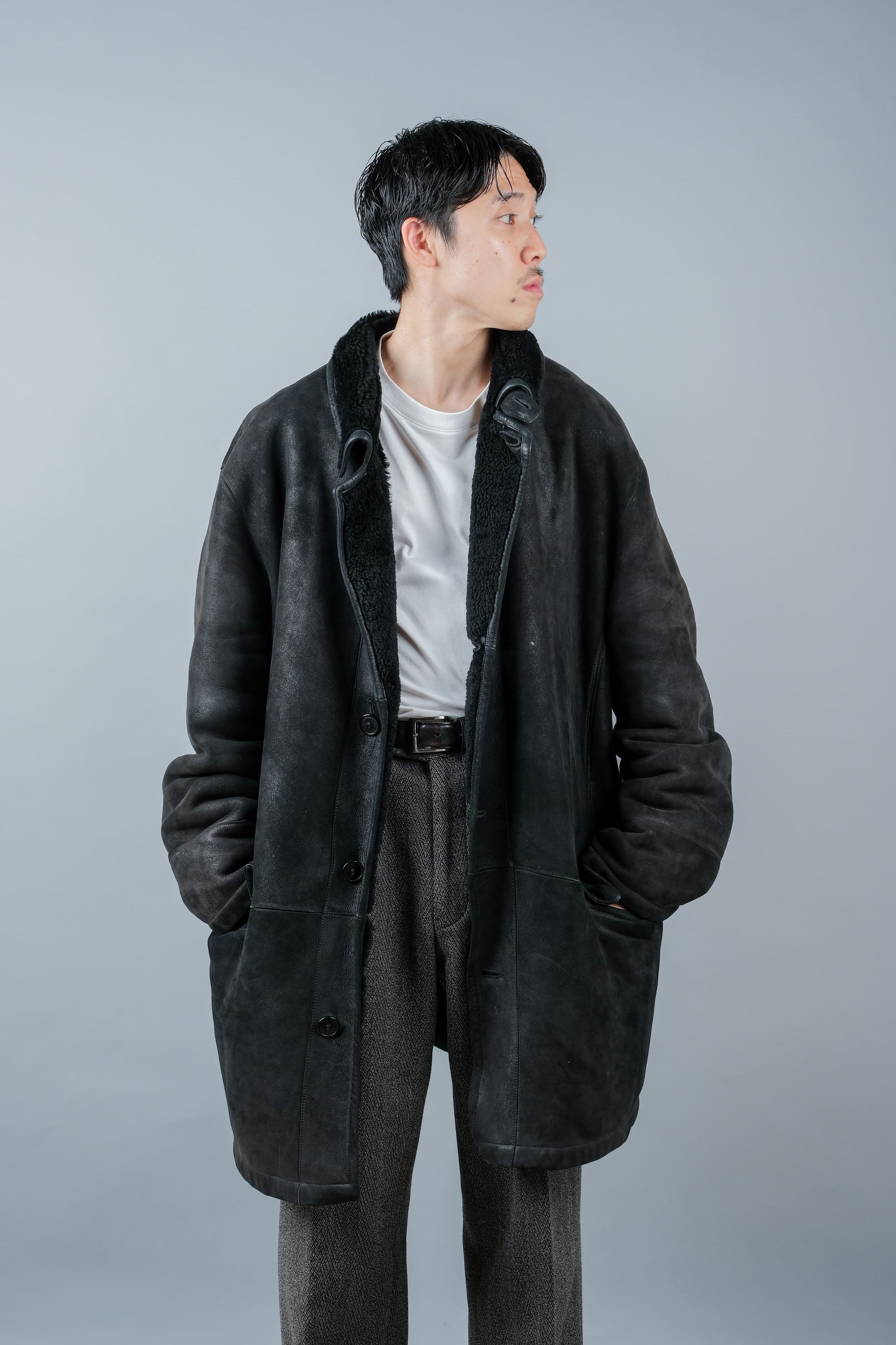 ［~90's］Old SERAPHIN Black Leather Mouton Half Coat Size.54