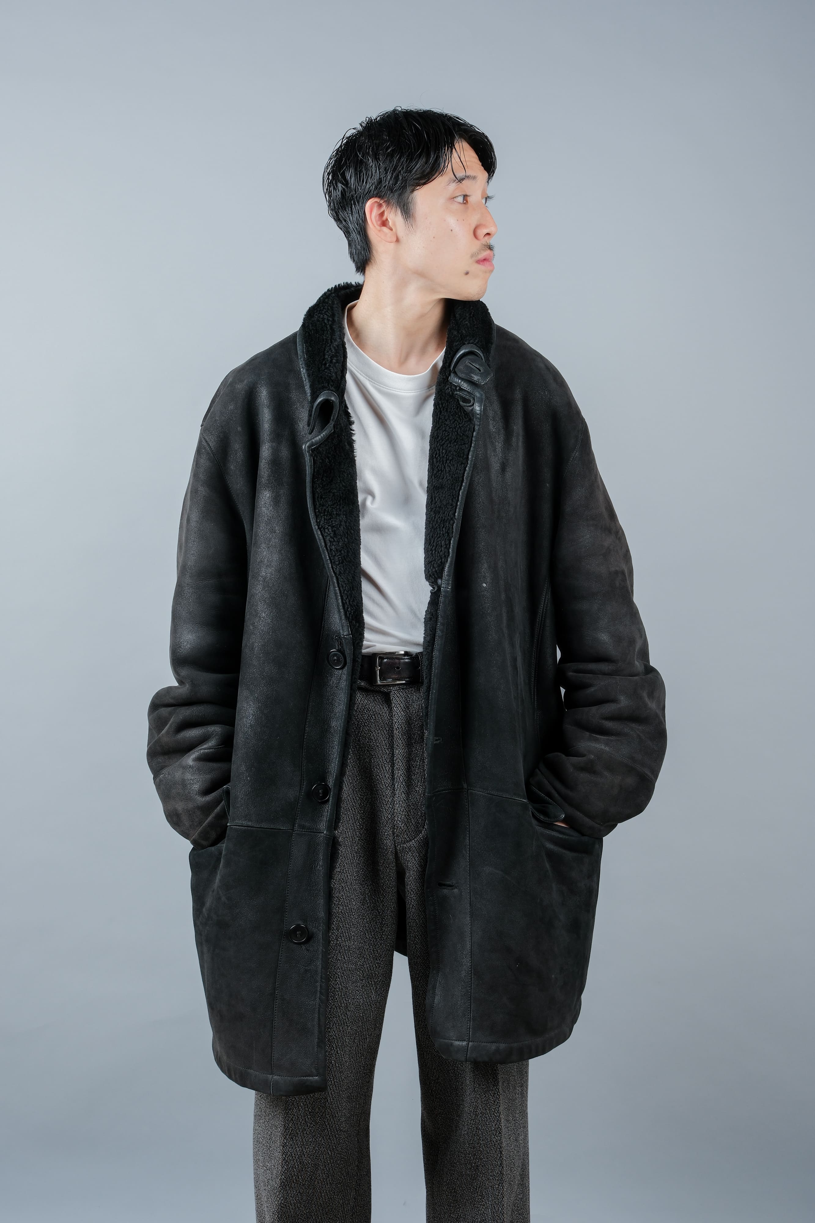 [~ 90's] Old Seraphin Black Leather Mouton Half Coat Size.54