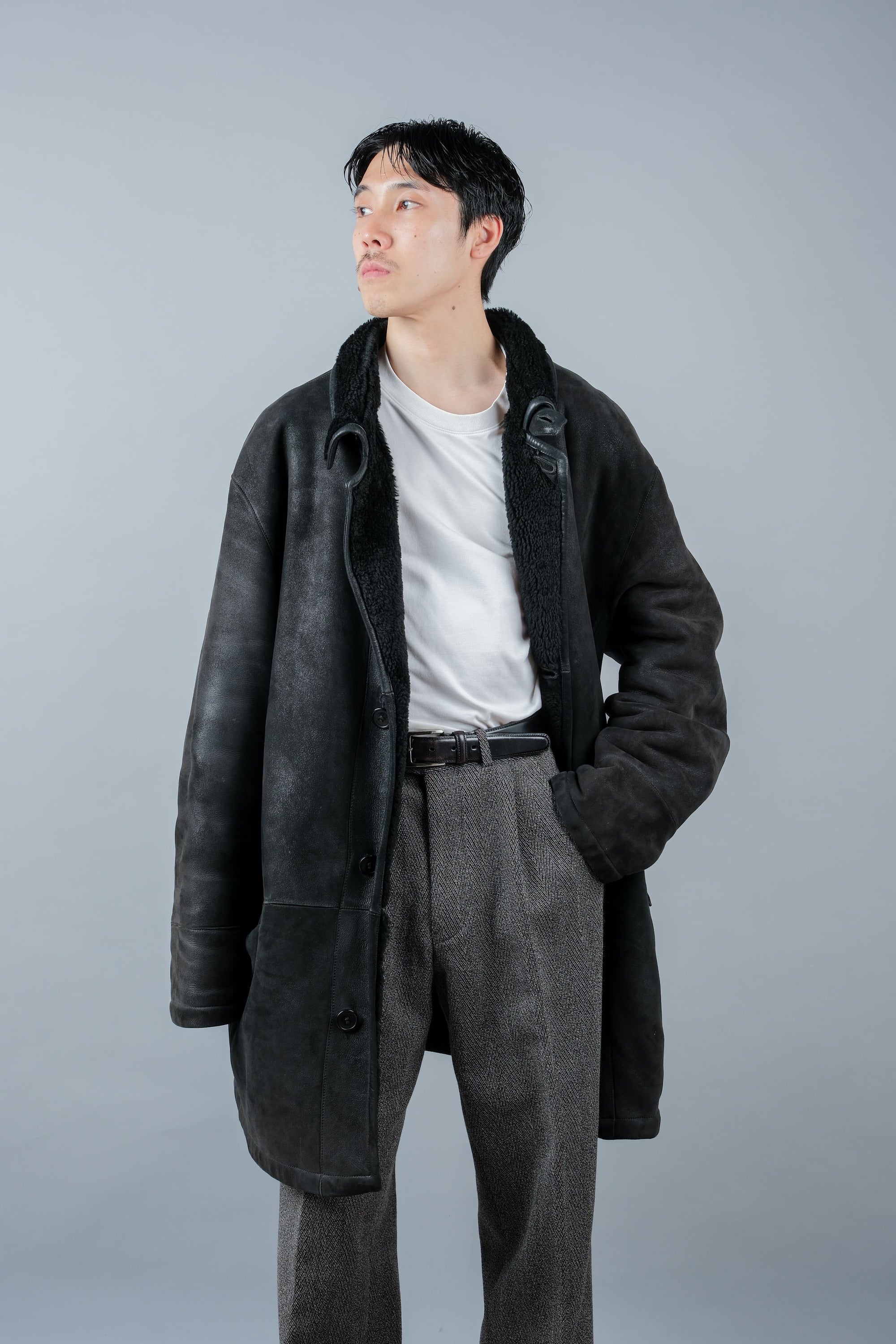 ［~90's］Old SERAPHIN Black Leather Mouton Half Coat Size.54