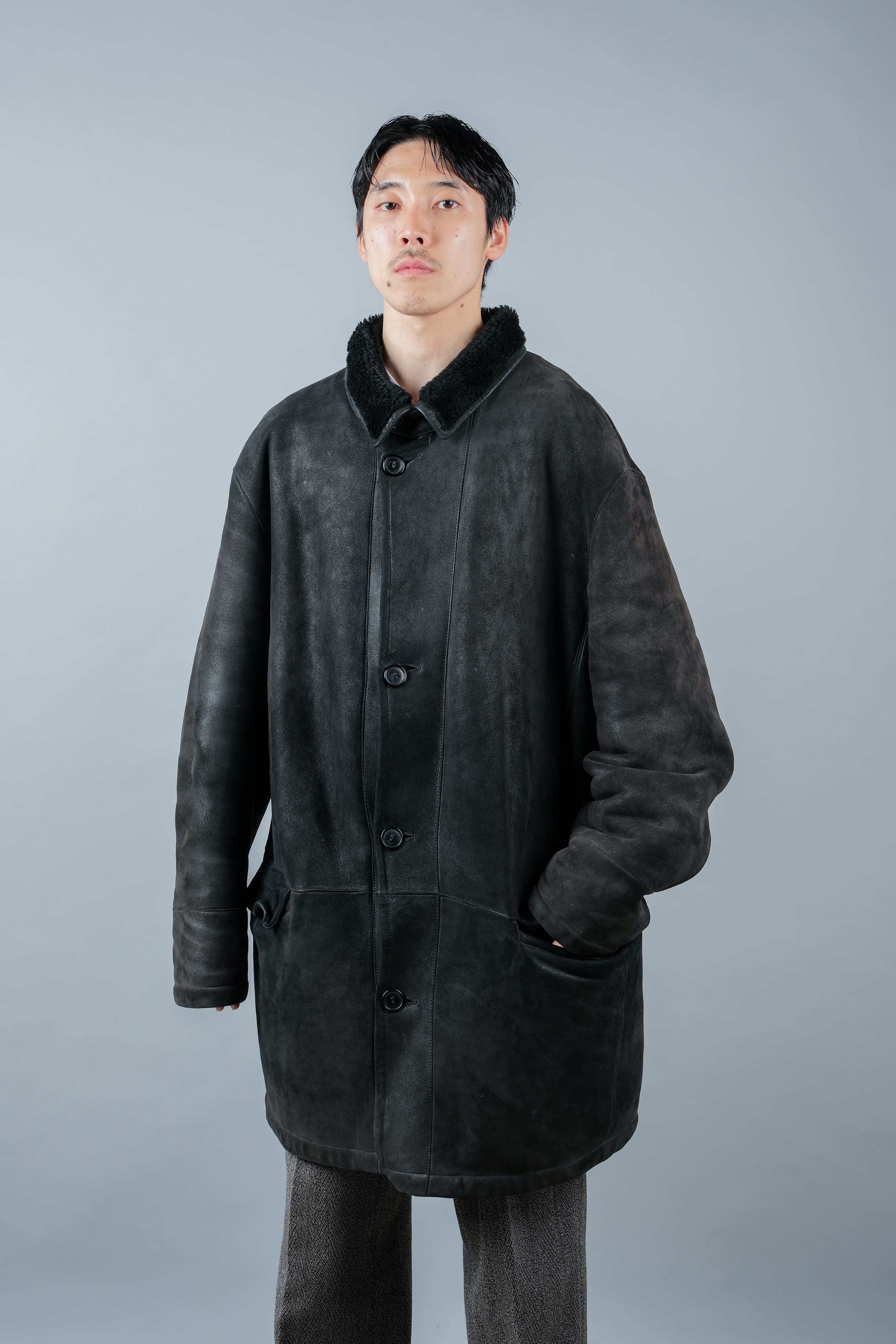 【~90's】Old SERAPHIN Black Leather Mouton Half Coat Size.54