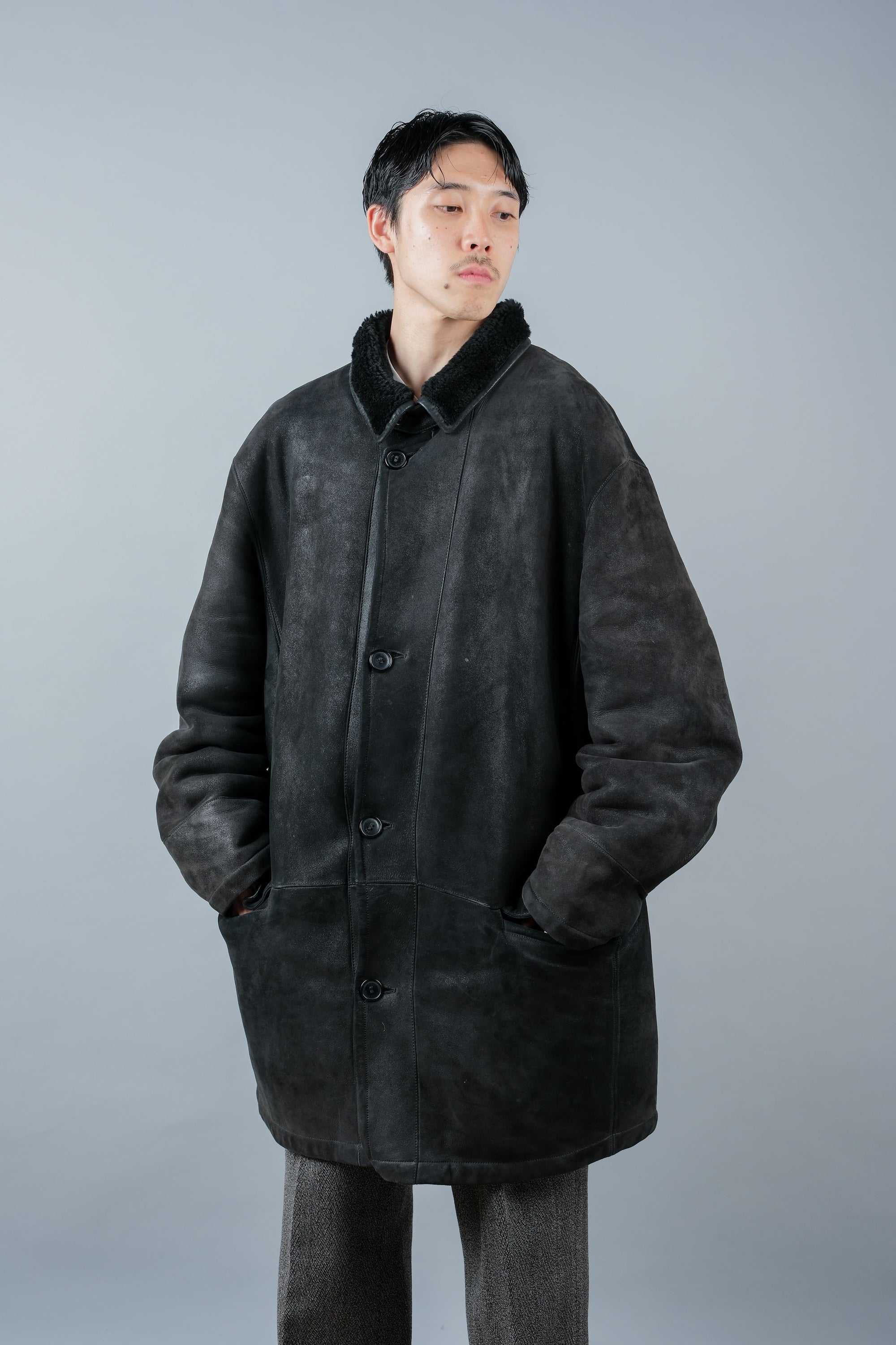 ［~90's］Old SERAPHIN Black Leather Mouton Half Coat Size.54