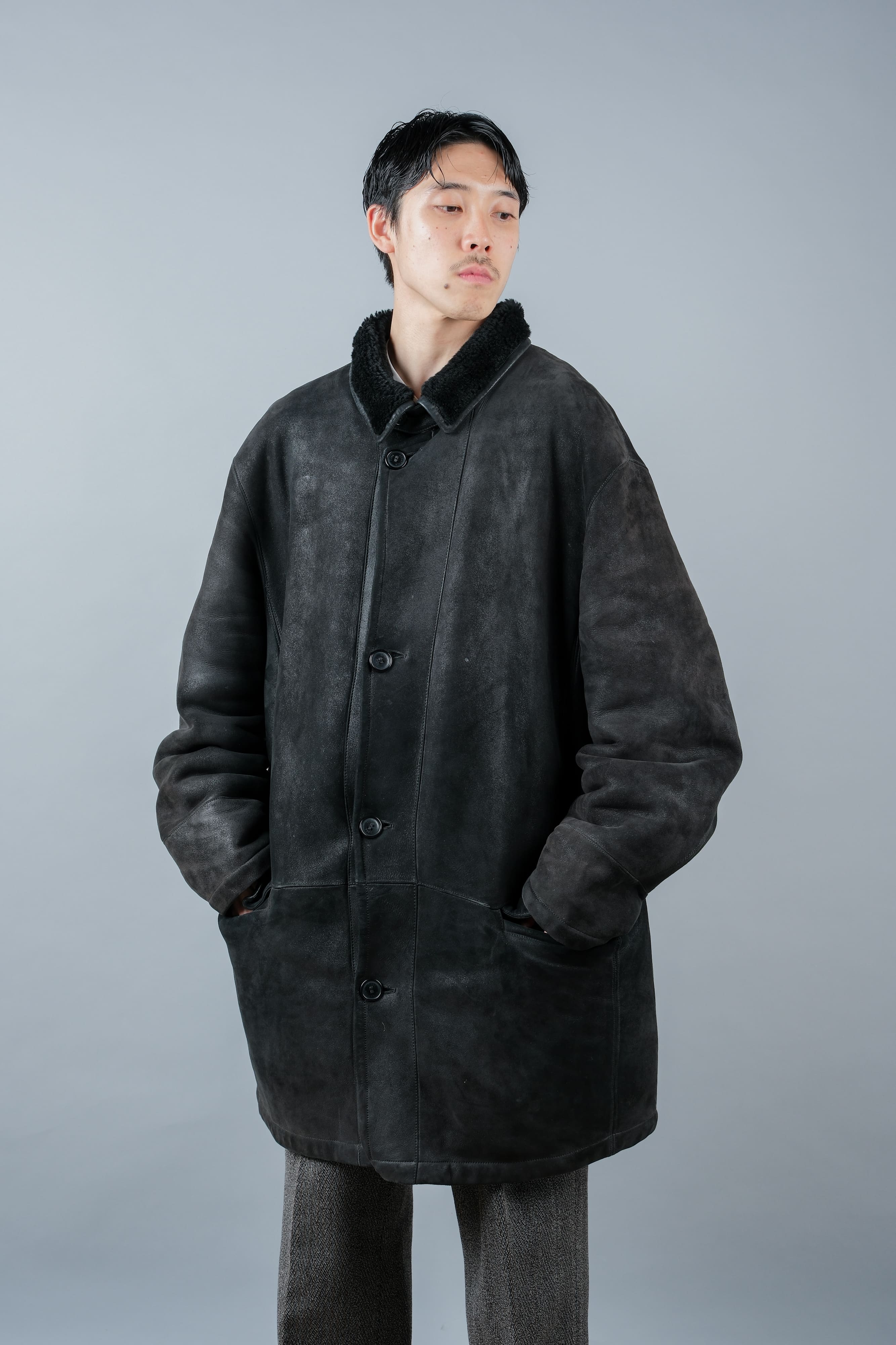 [~ 90's] Old Seraphin Black Leather Mouton Half Coat Size.54