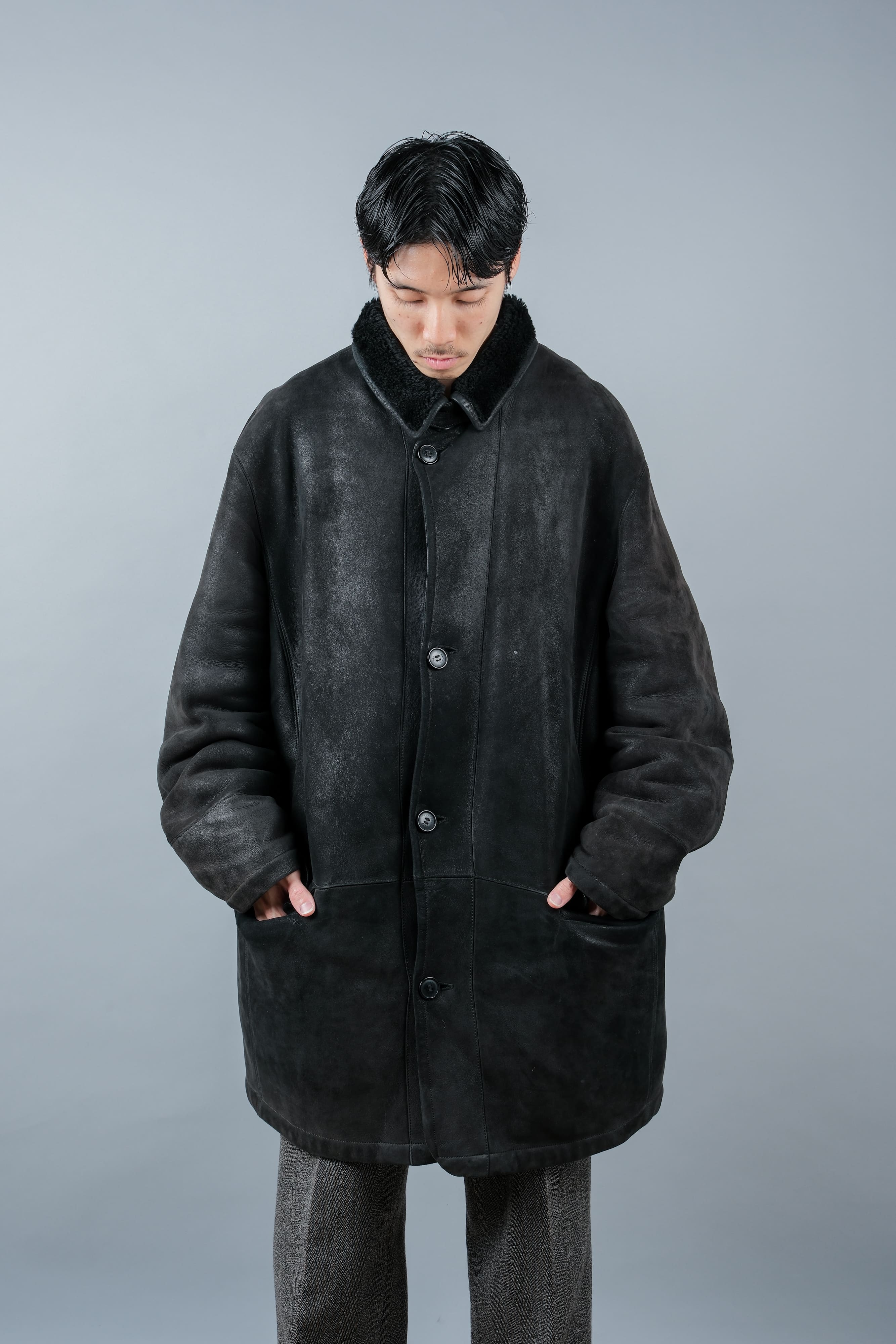 【~90's】Old SERAPHIN Black Leather Mouton Half Coat Size.54