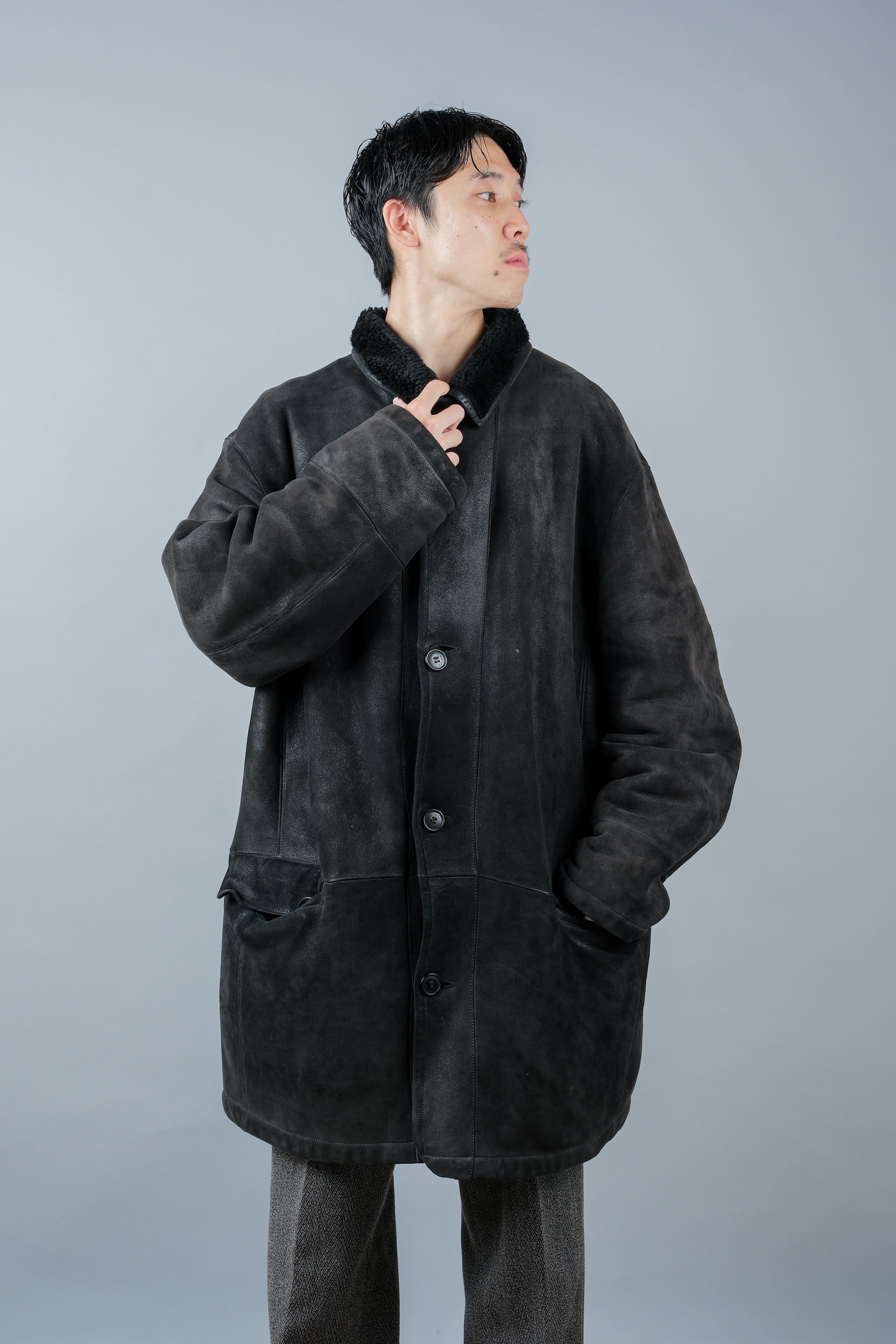 ［~90's］Old SERAPHIN Black Leather Mouton Half Coat Size.54
