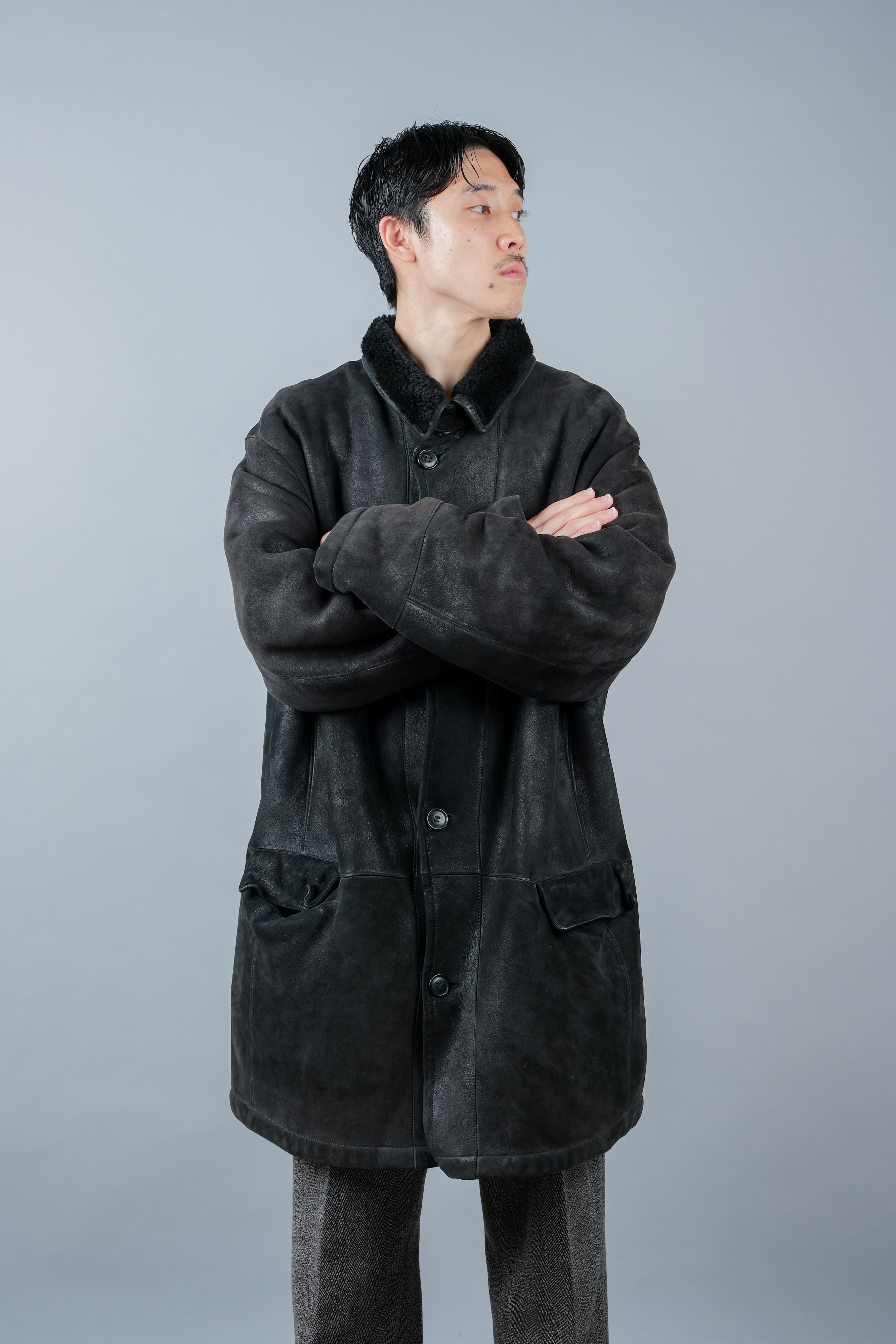 [~ 90's] Old Seraphin Black Leather Mouton Half Coat Size.54