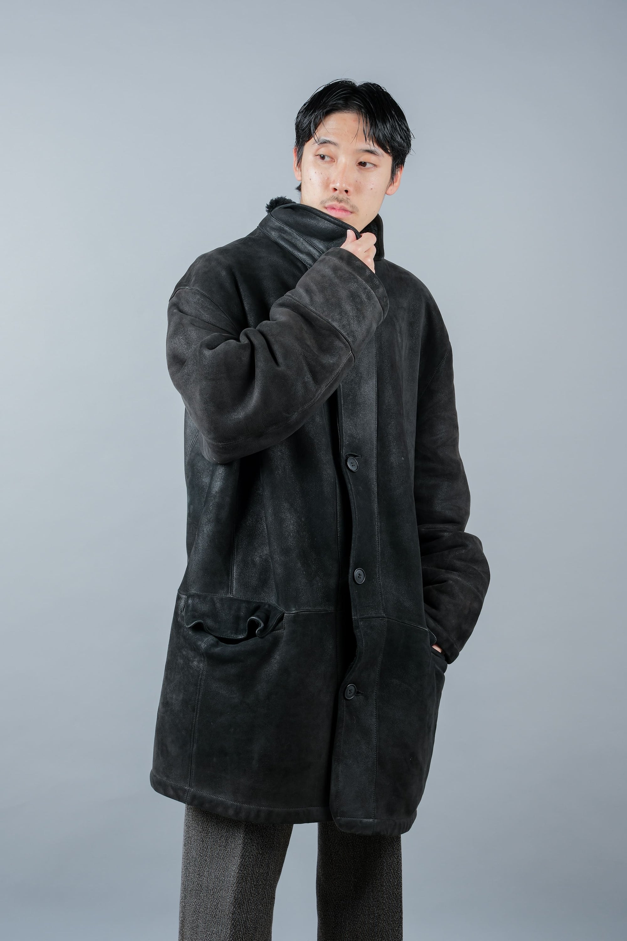［~90's］Old SERAPHIN Black Leather Mouton Half Coat Size.54